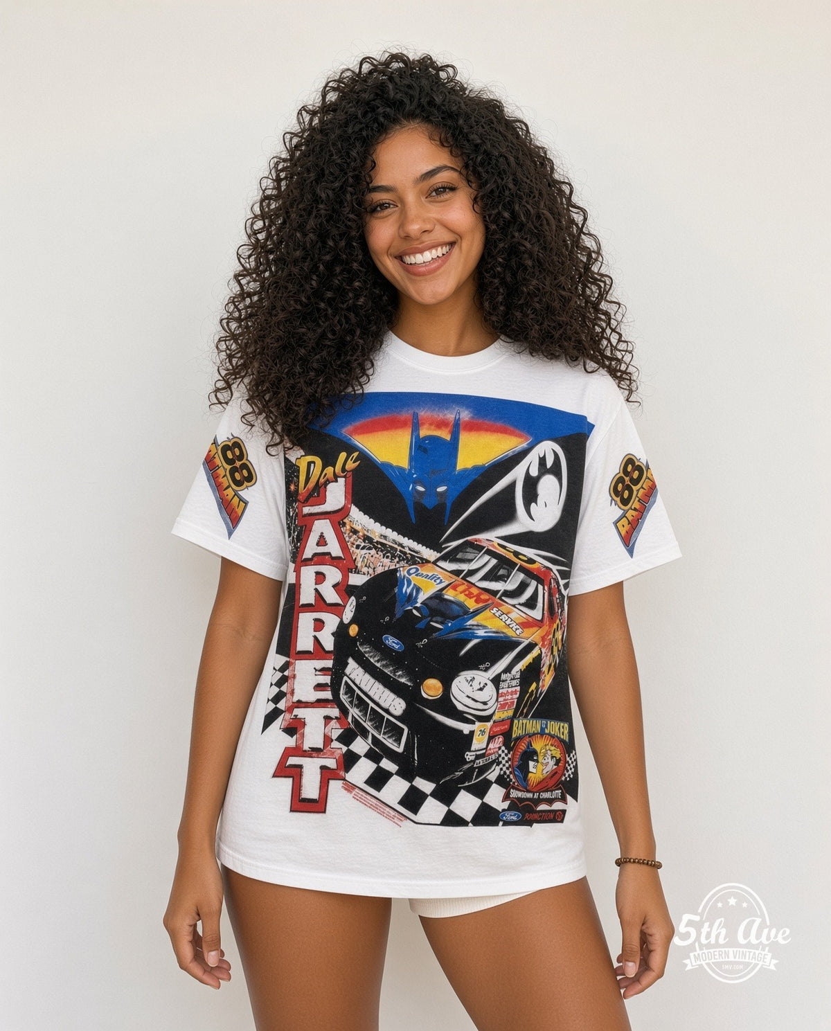 Model wearing the NASCAR Dale Jarrett #88 Batman Forever all-over-print vintage graphic t-shirt in white