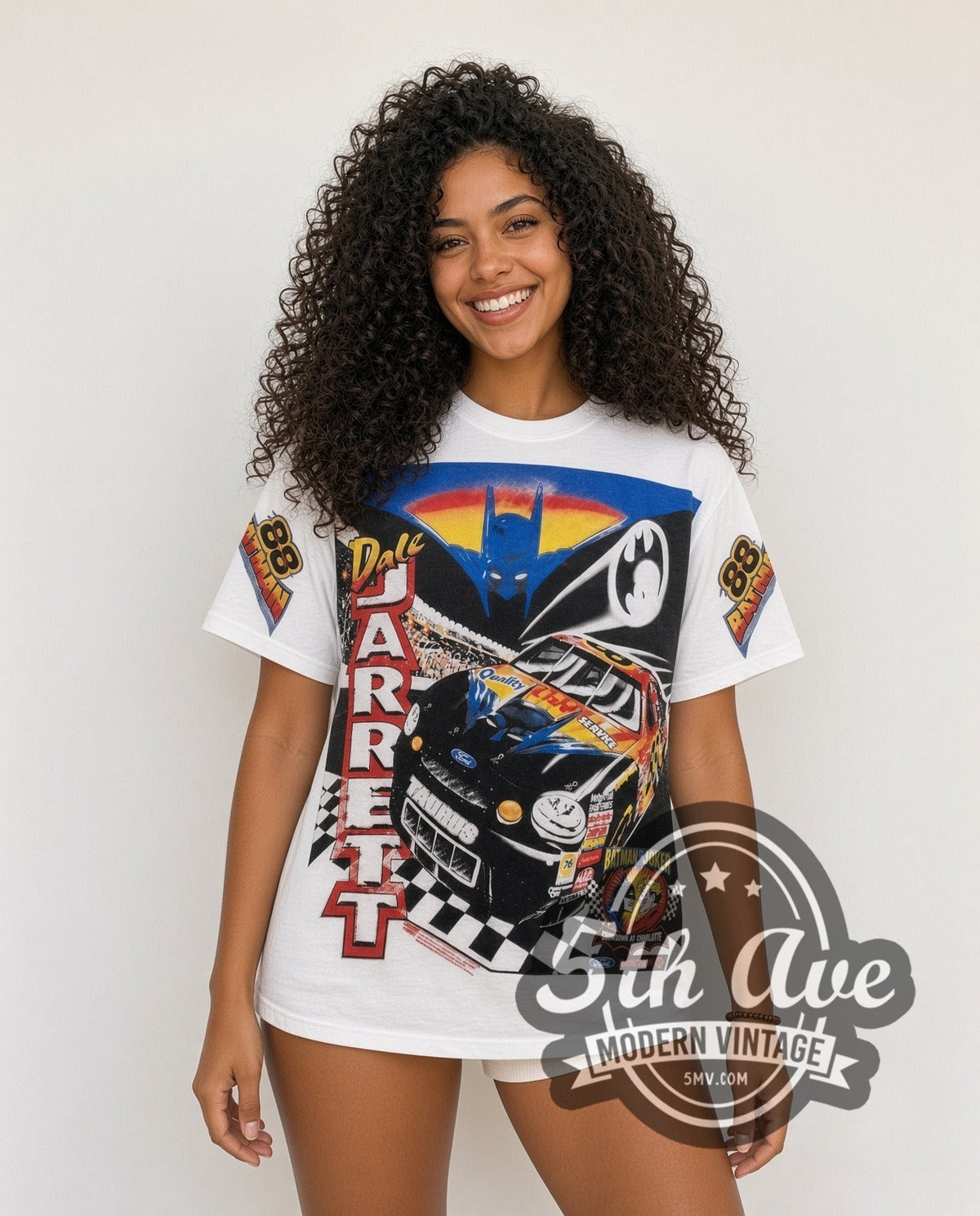 Model wearing the NASCAR Dale Jarrett #88 Batman Forever all-over-print vintage NASCAR t-shirt in white