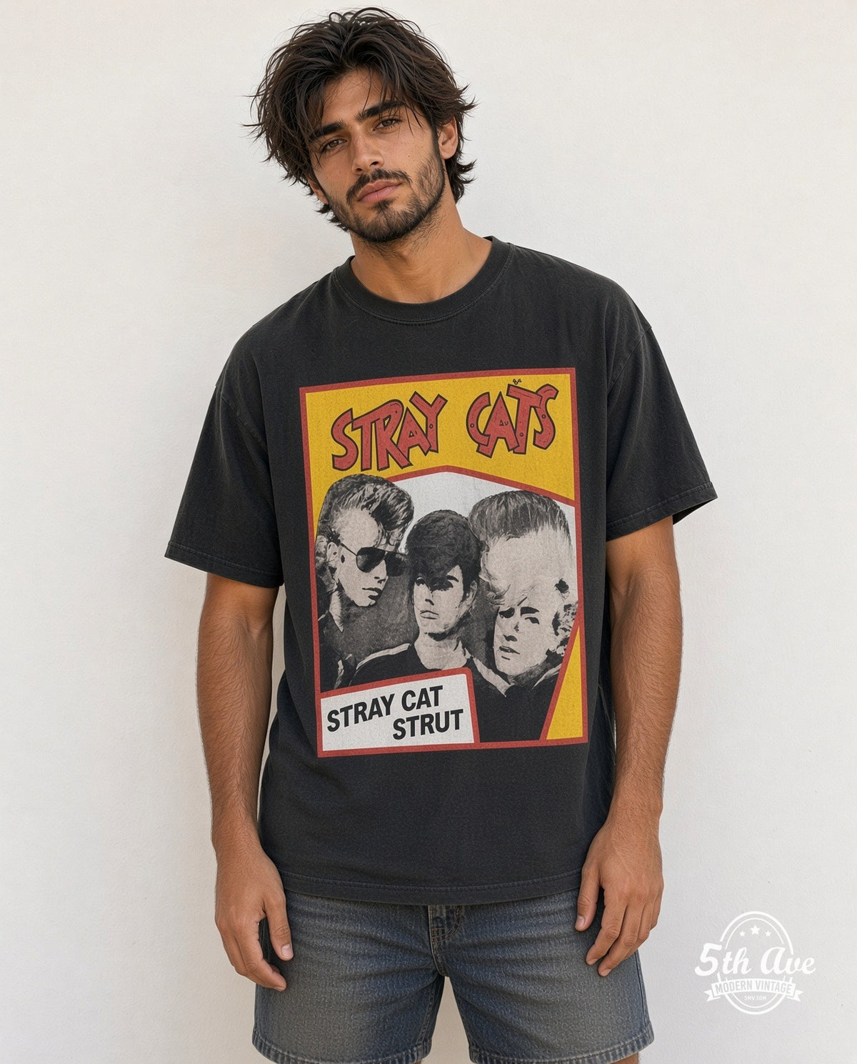 Model wearing the Stray Cat Strut Yellow Band Photo vintage band t-shirt