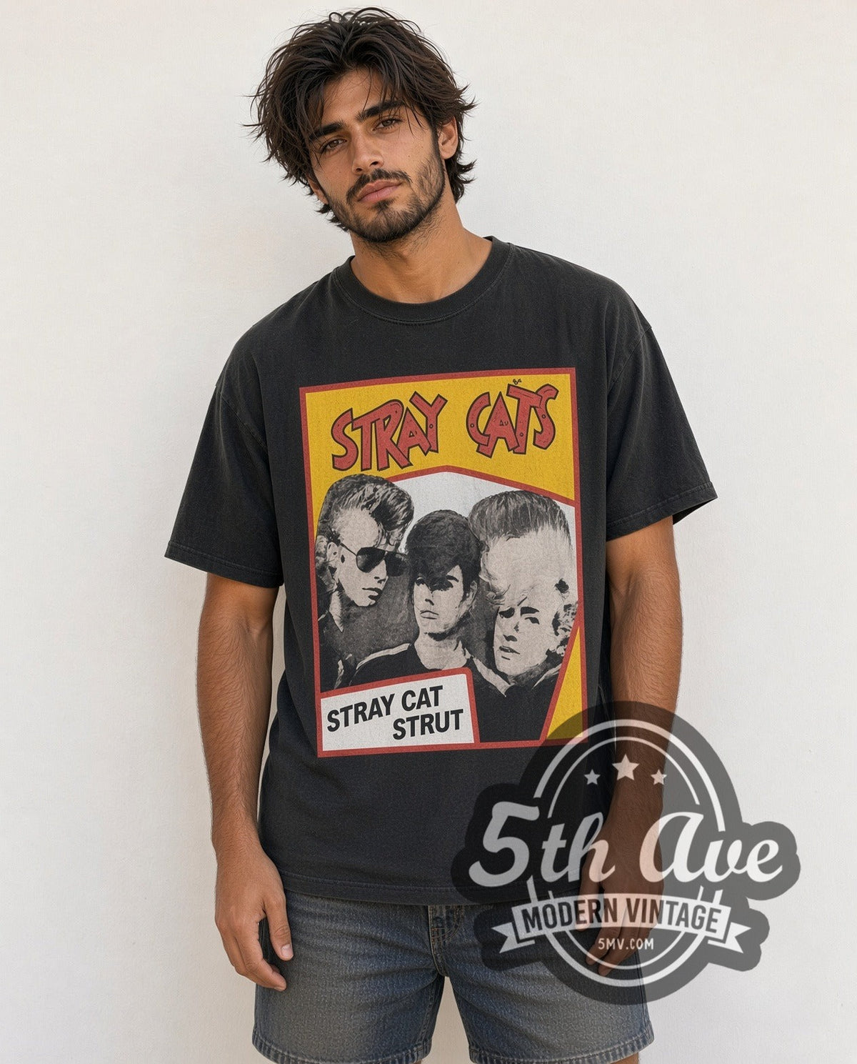 Model wearing the Stray Cats Stray Cat Strut Yellow Band Photo vintage band t-shirt