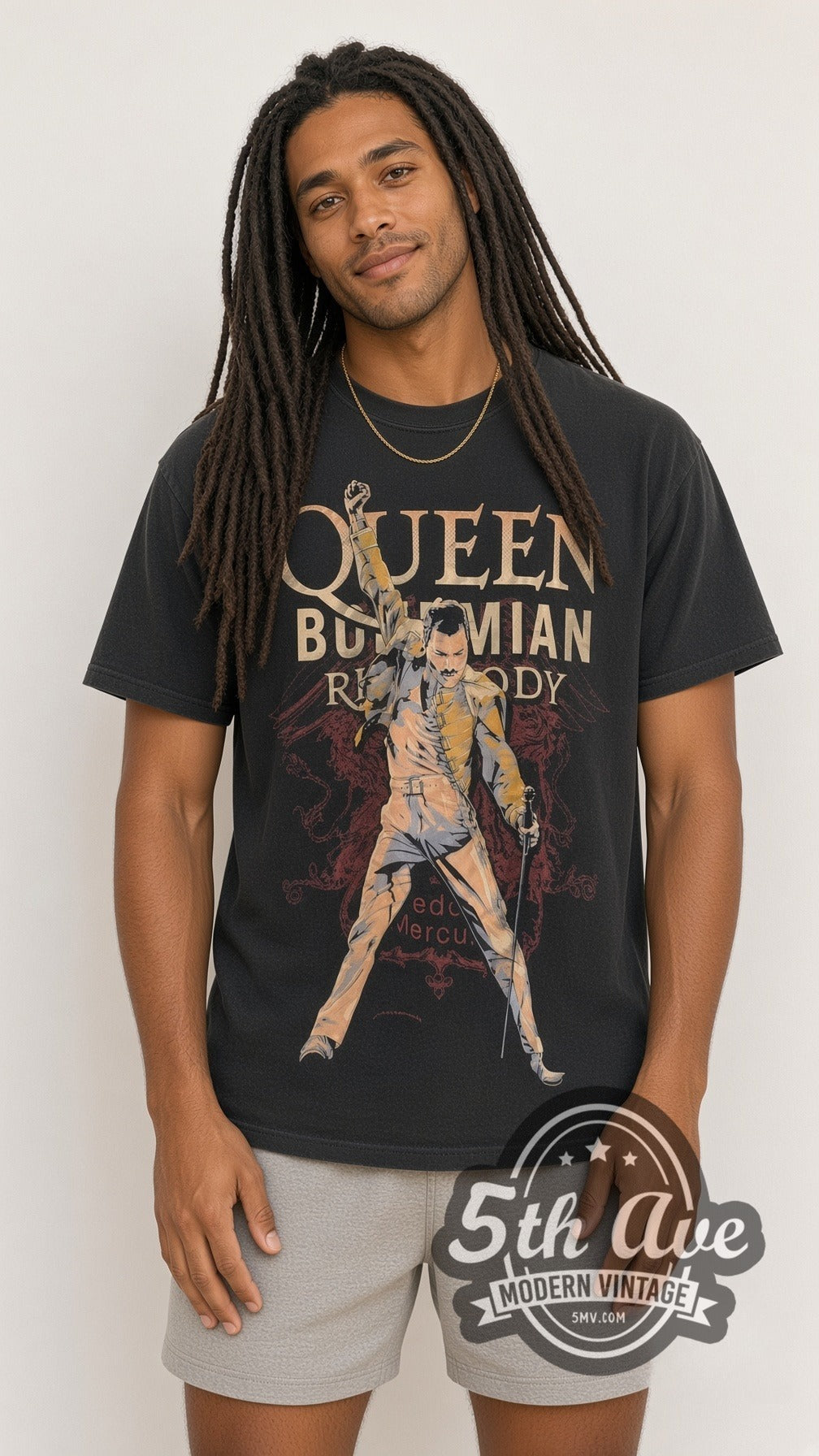 Model wearing the Queen Bohemian Rhapsody Freddie Yellow Jacket vintage band t-shirt