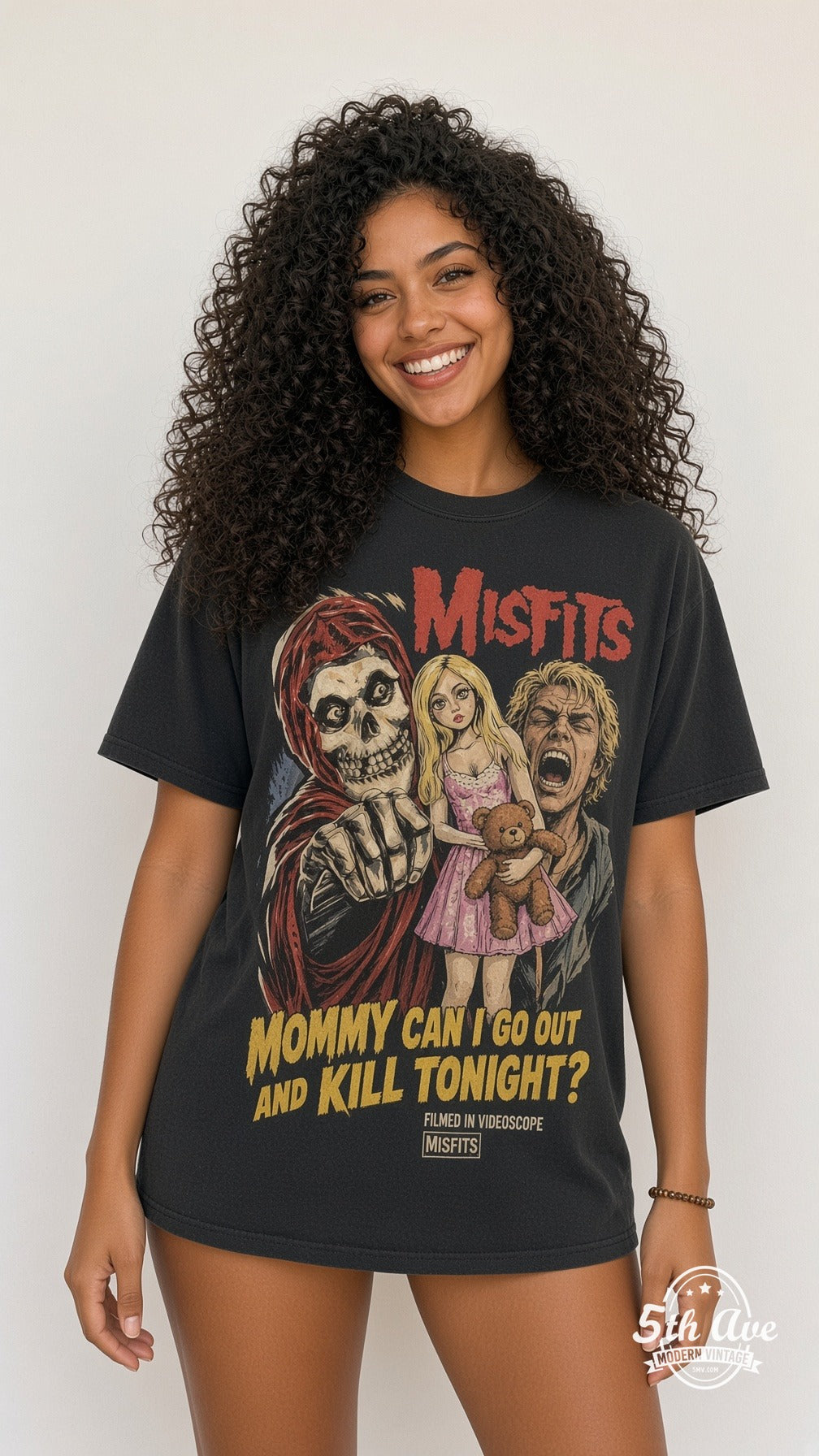 Model wearing the Misfits Mommy Can I Go Out And Kill Tonight vintage band t-shirt