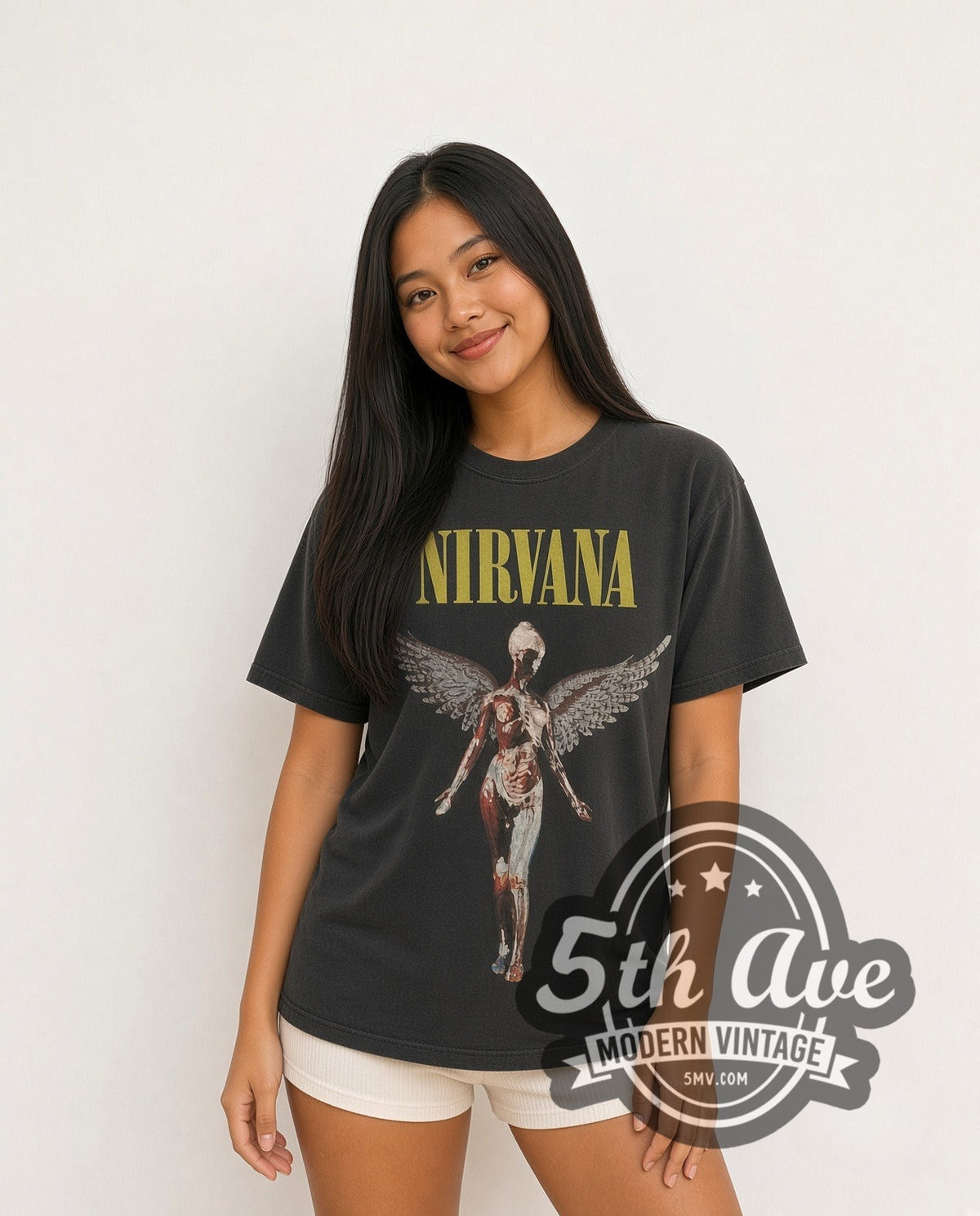 Model wearing the Nirvana In Utero Angel with Back Print vintage band t-shirt