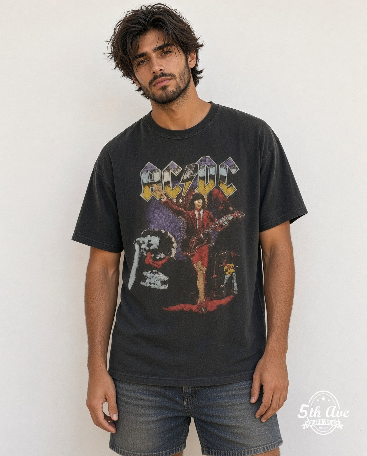 Model wearing the AC/DC Angus Young Red Schoolboy Purple Haze vintage band t-shirt
