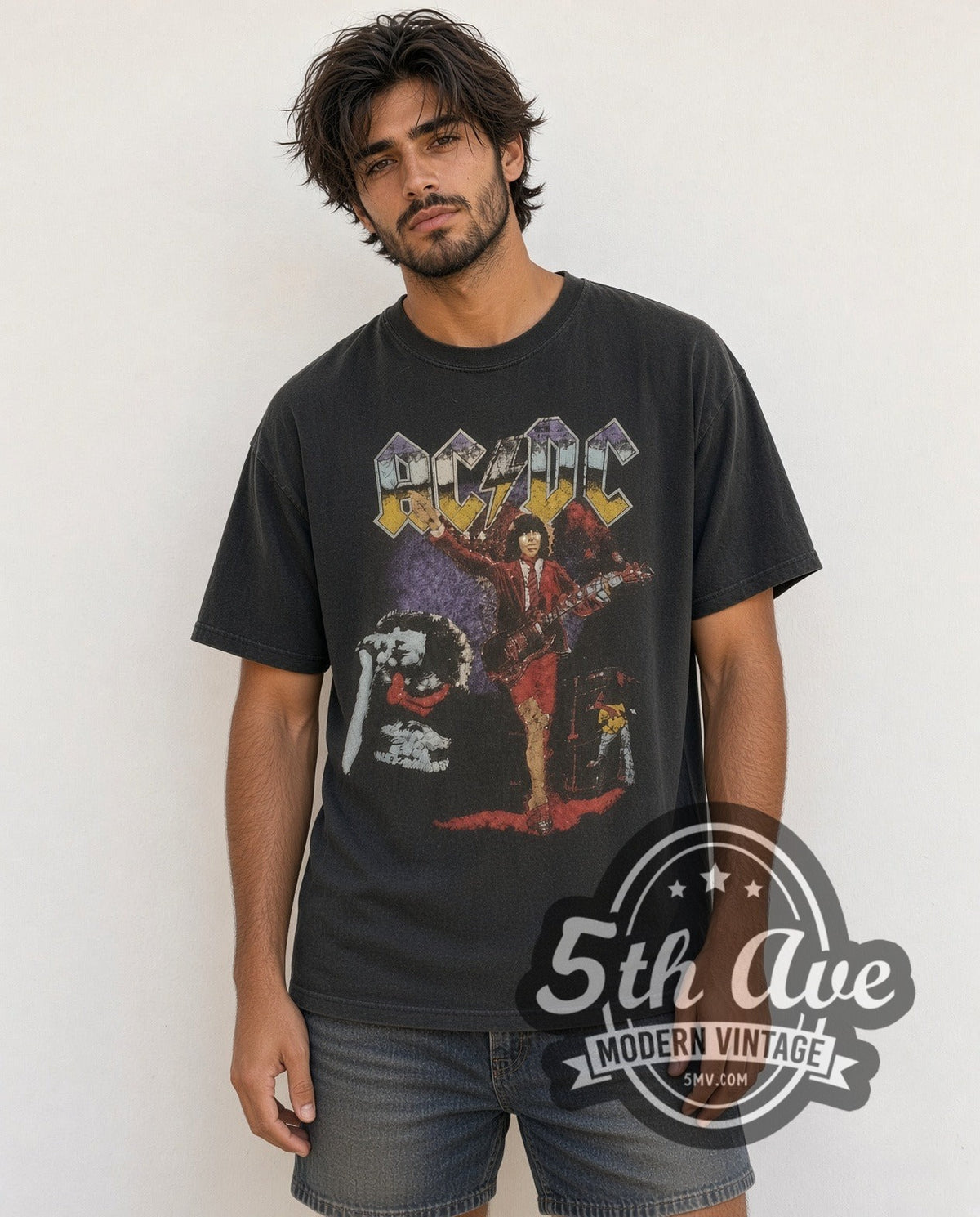 Model wearing the AC/DC Angus Young Red Schoolboy Purple Haze vintage band t-shirt