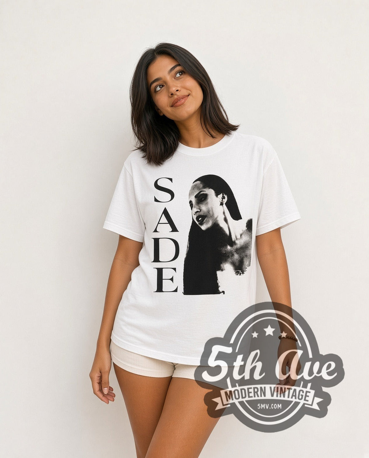 Model wearing the Sade Love Deluxe World Tour 1993 vintage band t-shirt in white