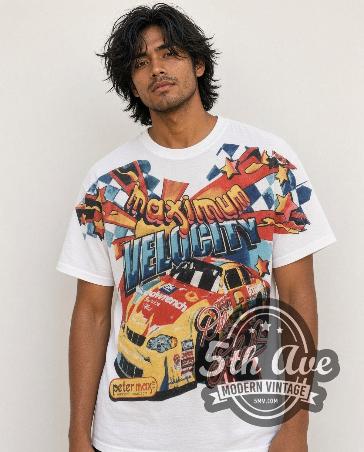 Model wearing the NASCAR Dale Earnhardt #3 Maximum Velocity Peter Max all-over-print vintage NASCAR t-shirt in white