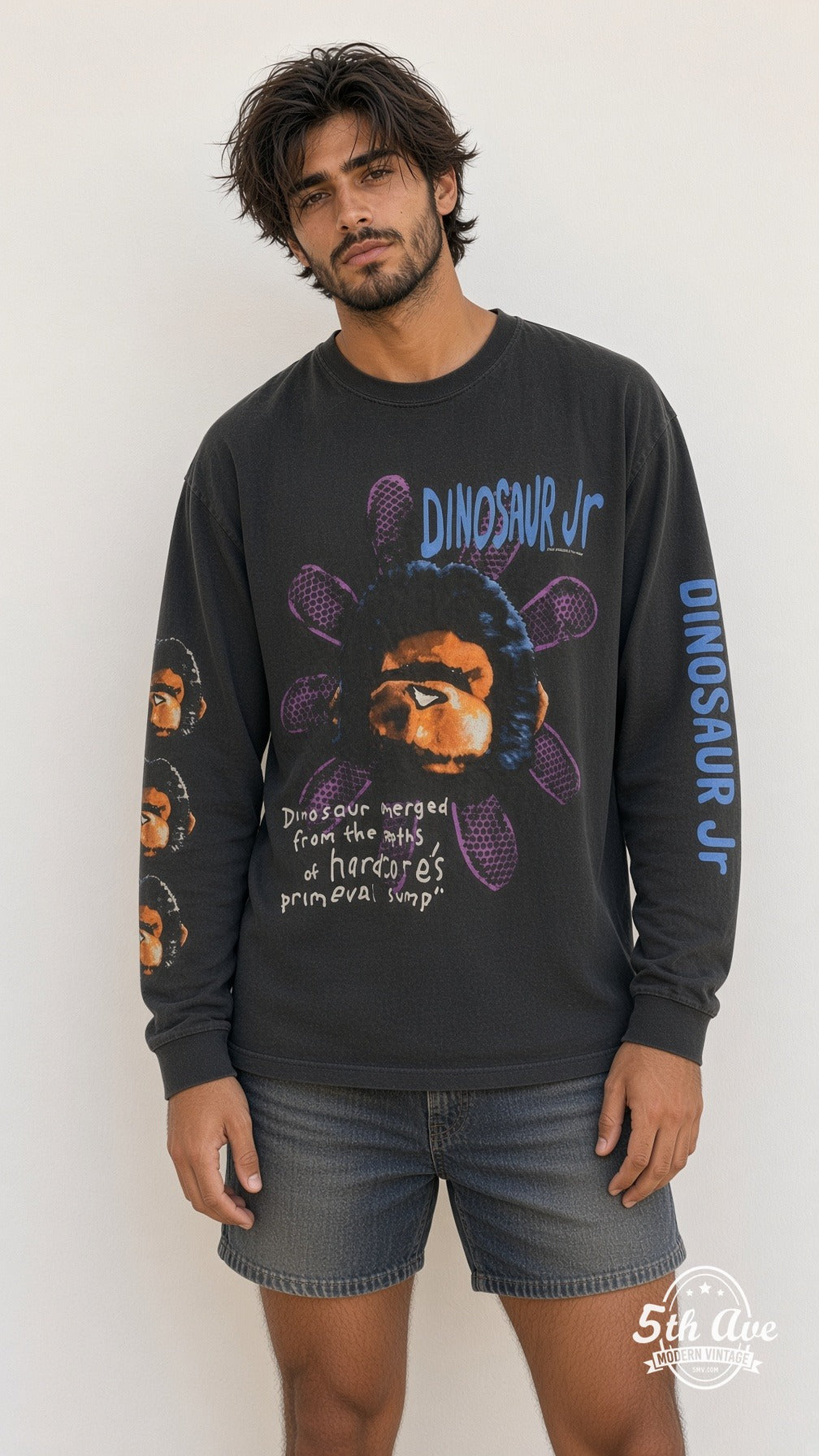 Model wearing the Dinosaur Jr Monkey Flower long sleeve vintage band t-shirt
