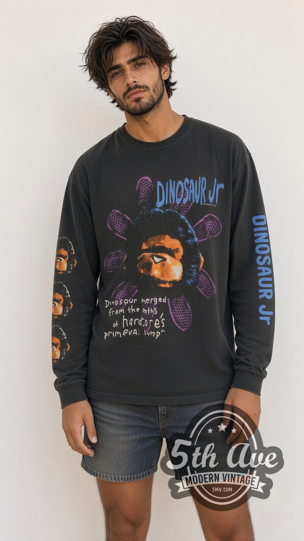 Model wearing the Dinosaur Jr Monkey Flower long sleeve vintage band t-shirt
