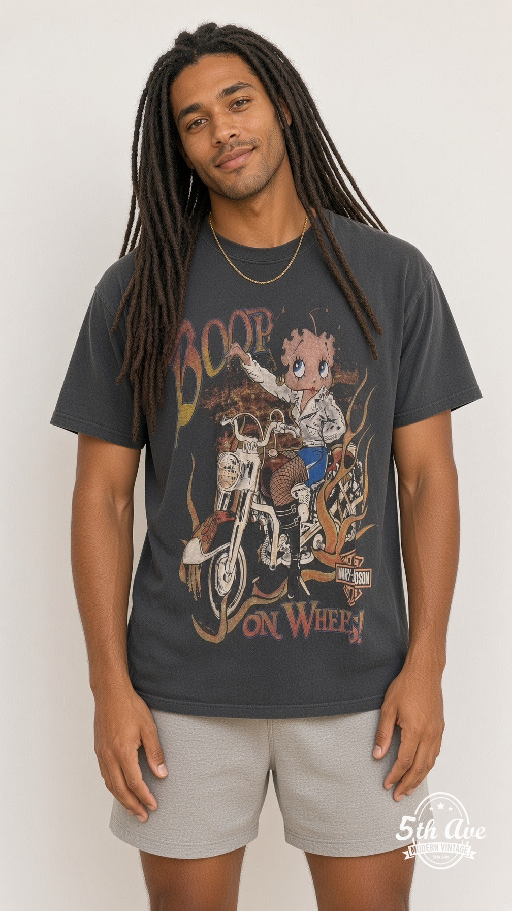 Model wearing the Betty Boop Boop On Wheels Harley cartoon t-shirt