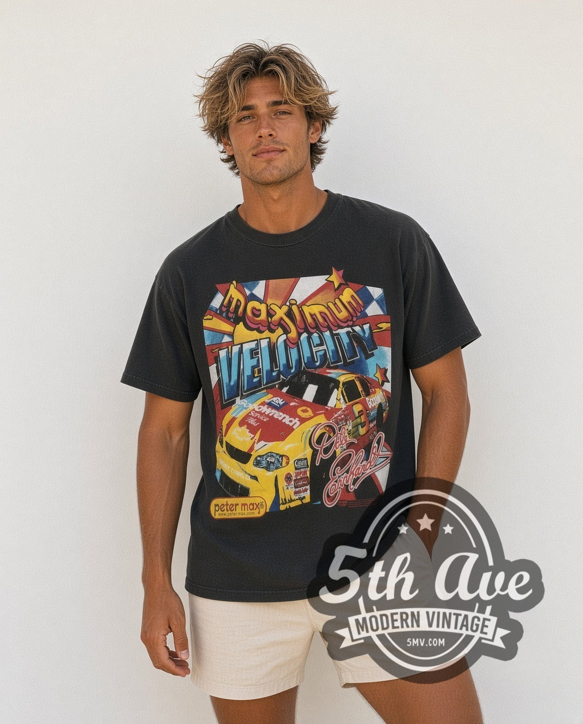 Model wearing the NASCAR Dale Earnhardt #3 Maximum Velocity Peter Max all-over-print vintage NASCAR t-shirt in black