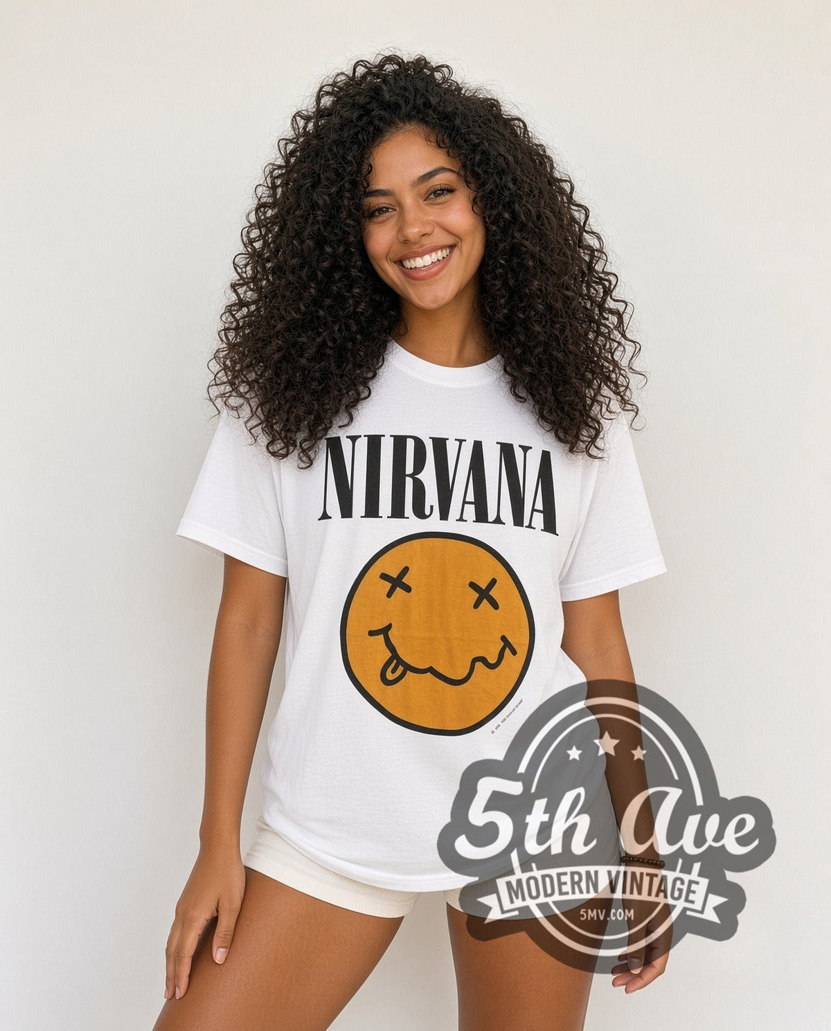Model wearing the Nirvana Yellow Smiley / Butthole Surfers vintage band t-shirt