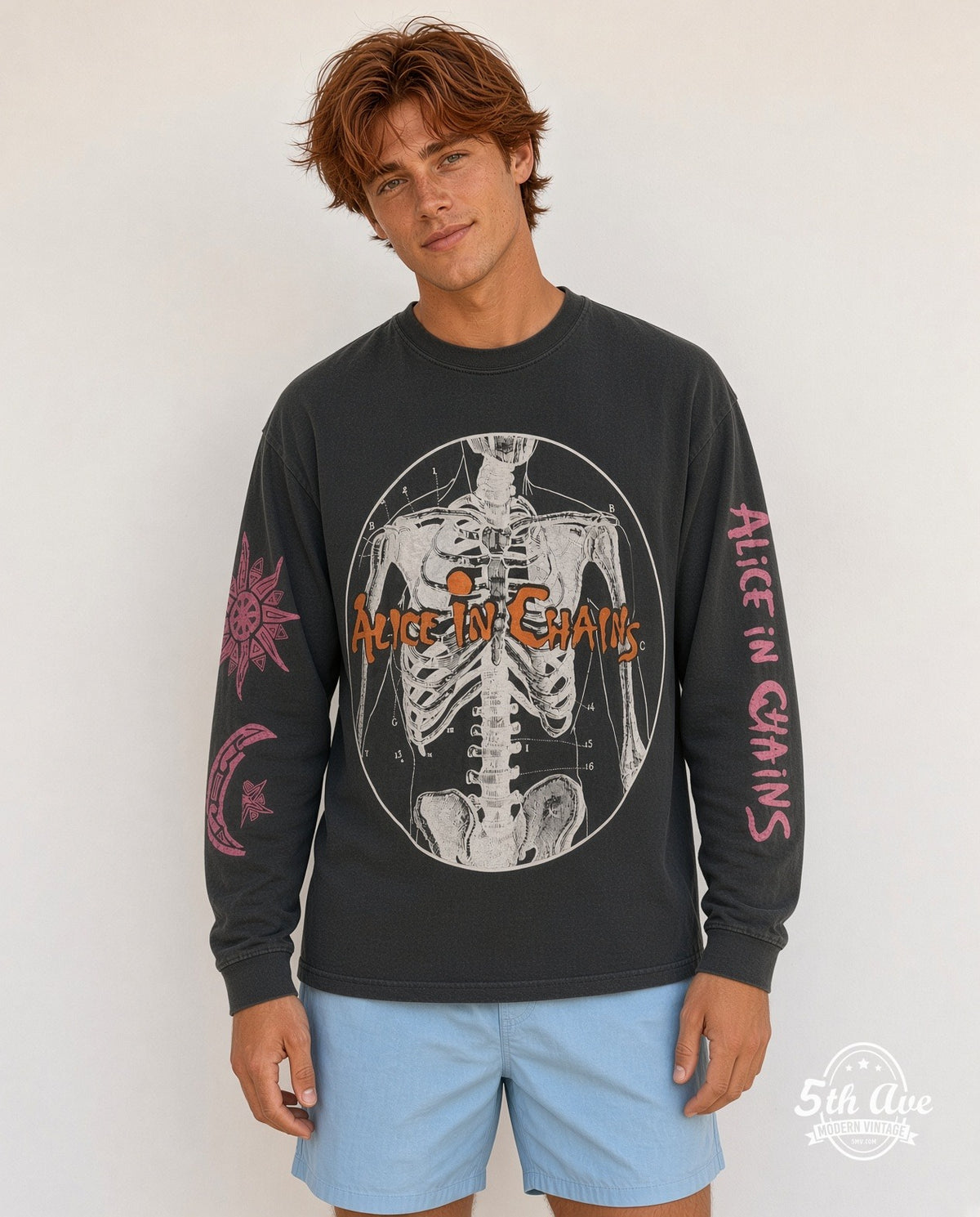 Model wearing the Alice in Chains Skeleton Anatomy long sleeve vintage band t-shirt