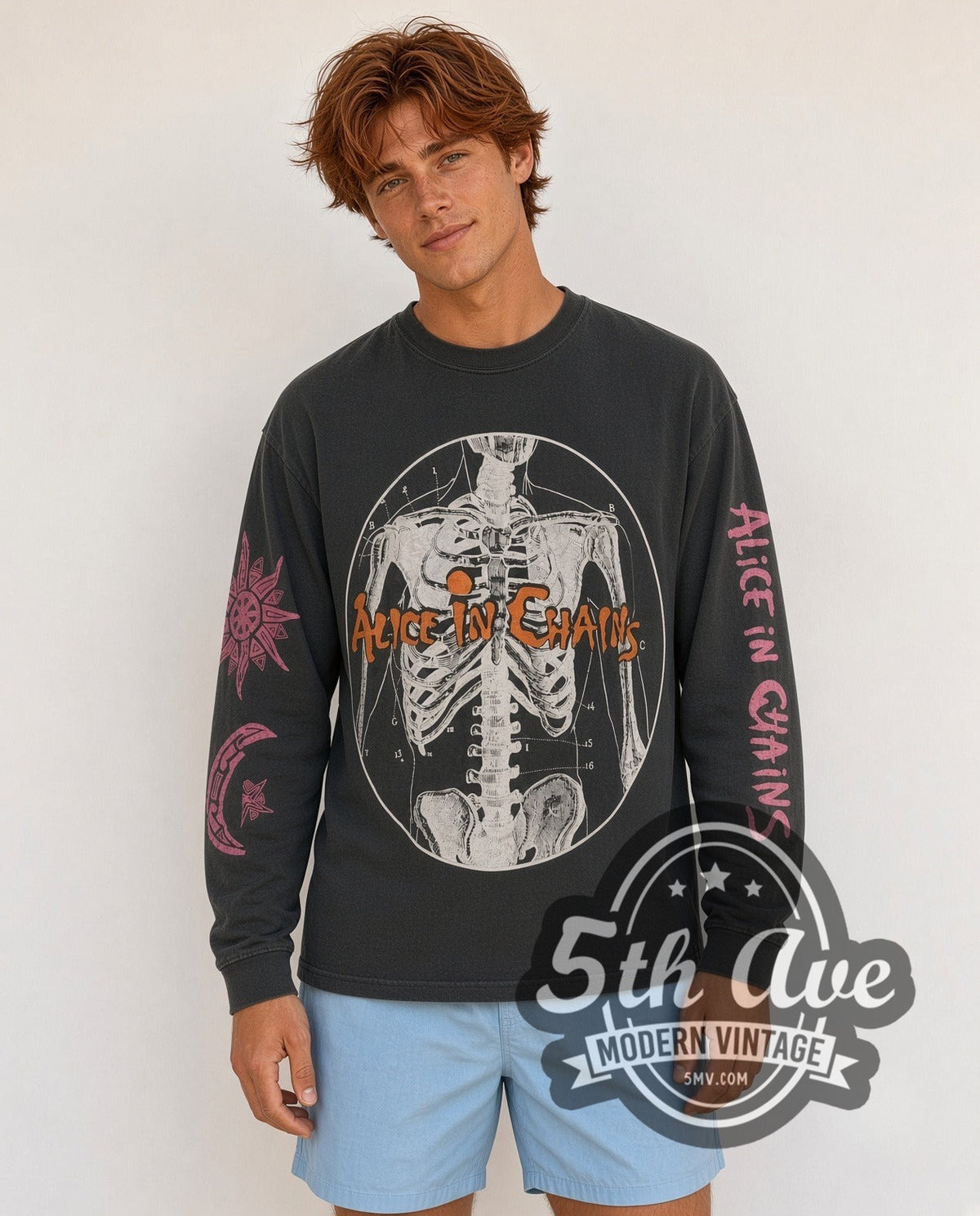 Model wearing the Alice in Chains Skeleton Anatomy long sleeve vintage band t-shirt