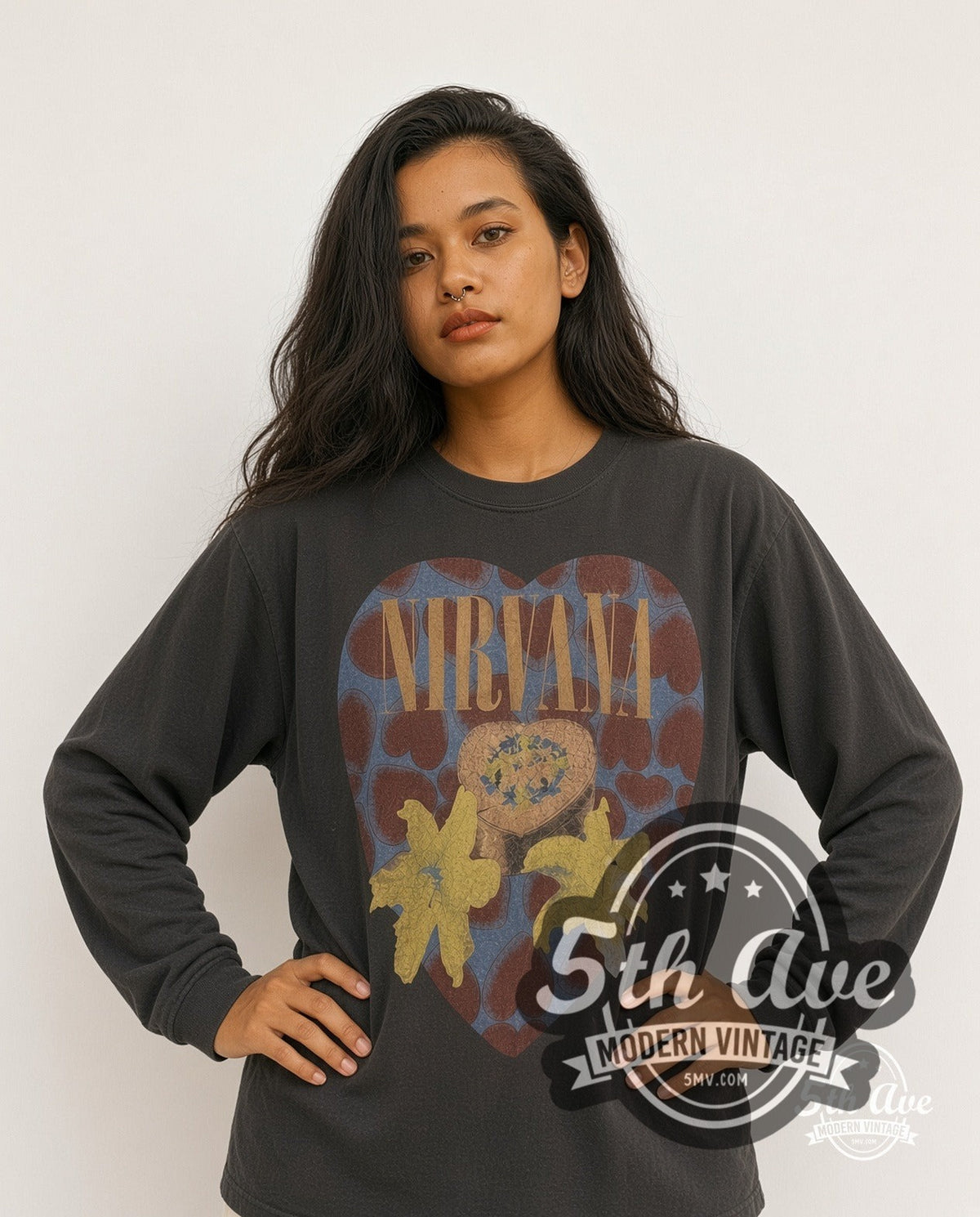 Model wearing the Nirvana Heart Lilies In Utero long sleeve vintage band t-shirt