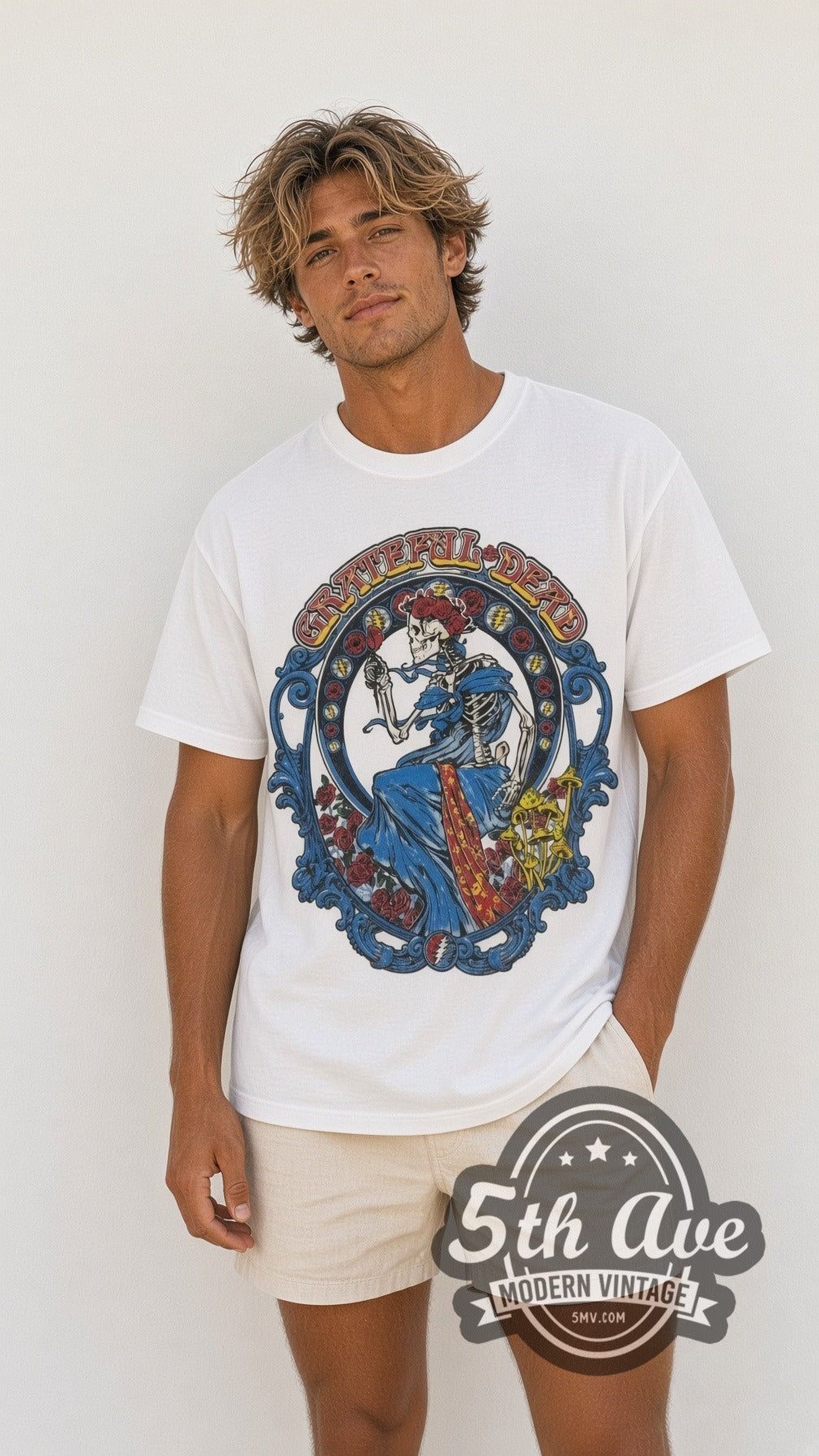 Model wearing the Grateful Dead Skeleton Bertha vintage band t-shirt in white
