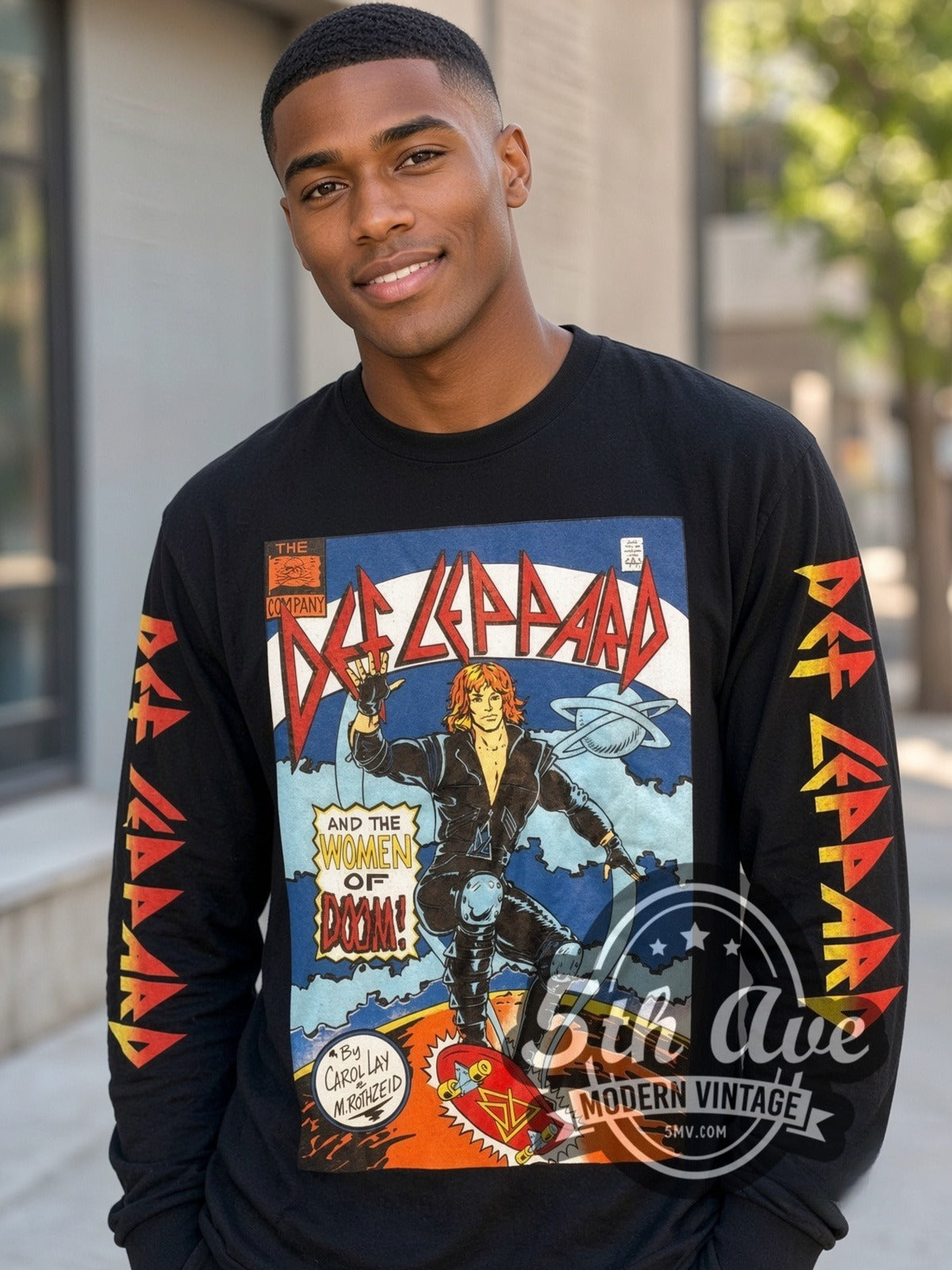 Model wearing the Def Leppard Women of Doom Comic vintage band long sleeve t-shirt