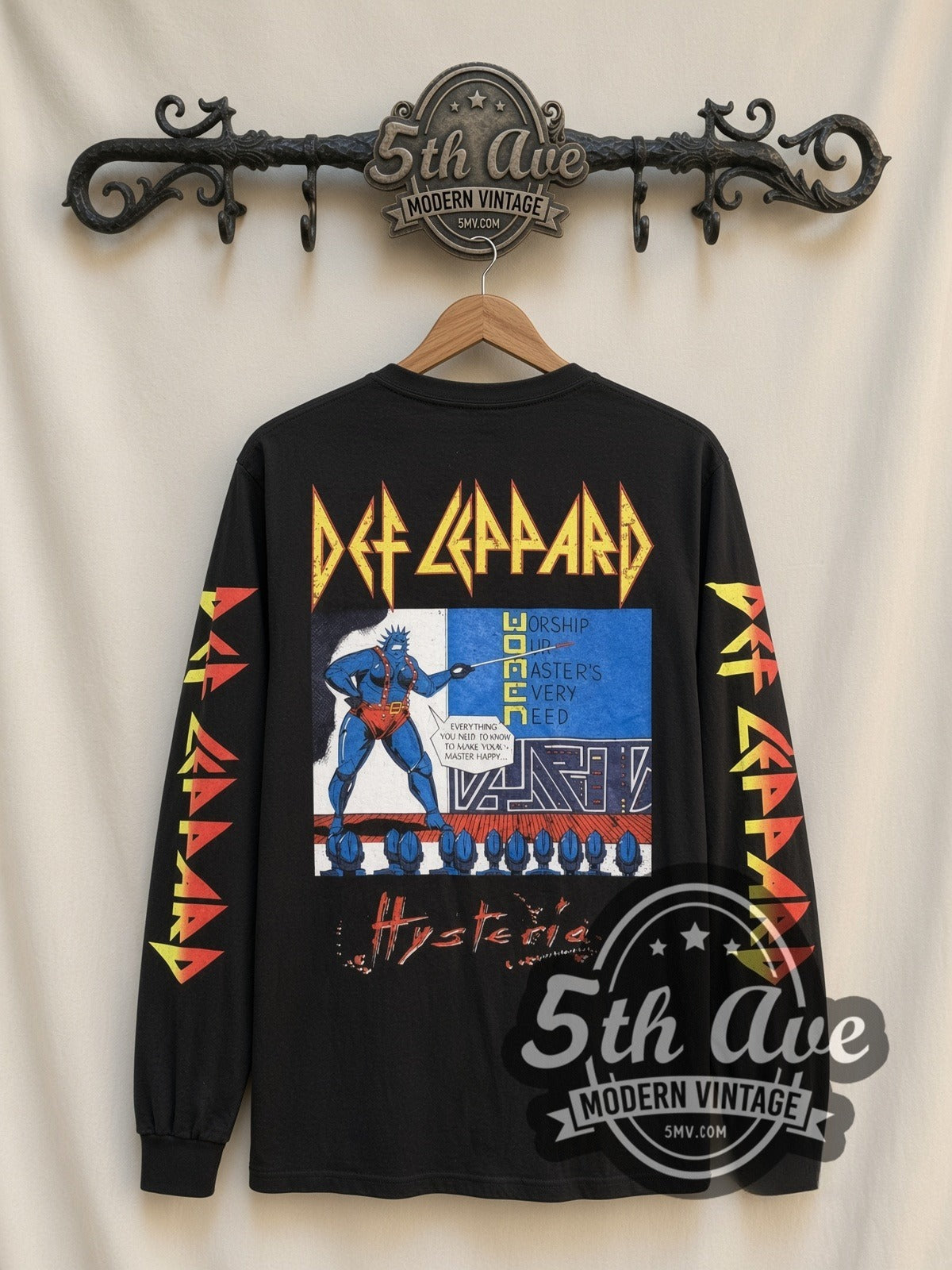 Def Leppard Women of Doom Comic vintage band long sleeve t-shirt, back view on a display rack