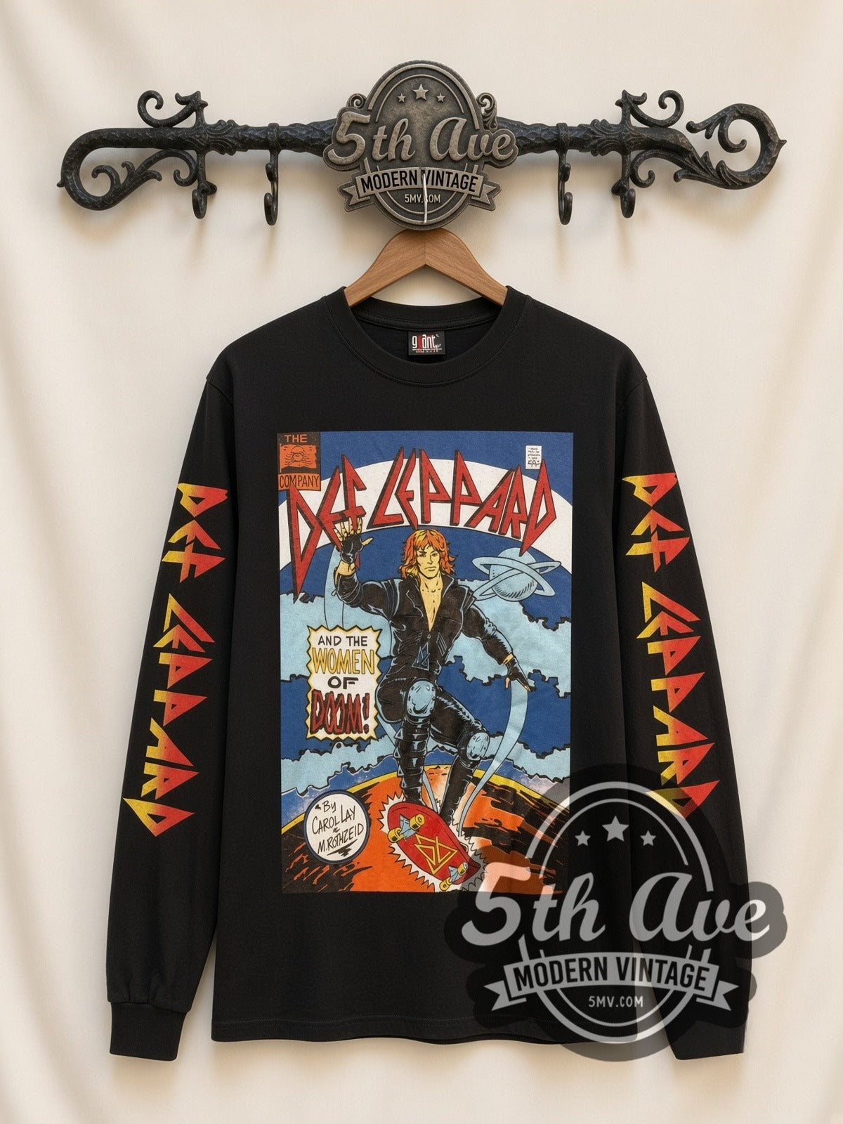 Def Leppard Women of Doom Comic vintage band long sleeve t-shirt, front view on a display rack