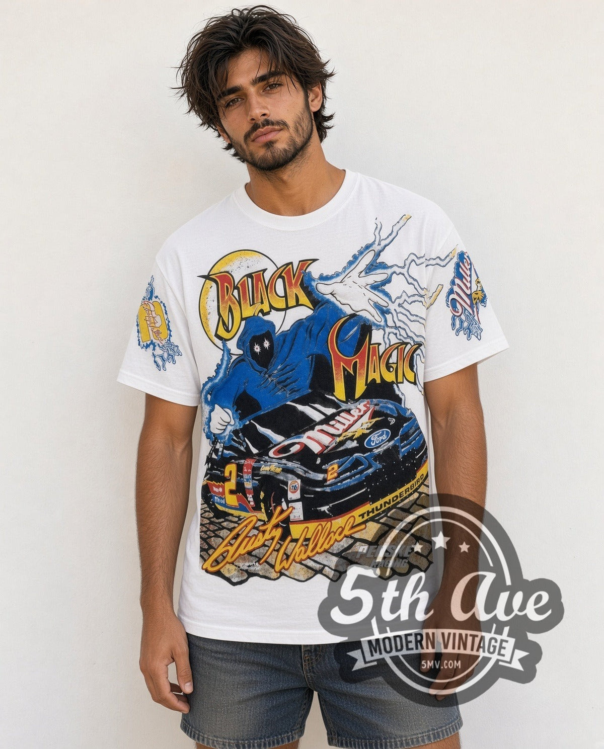 Model wearing the NASCAR Rusty Wallace #2 Black Magic Miller all-over-print vintage NASCAR t-shirt in white