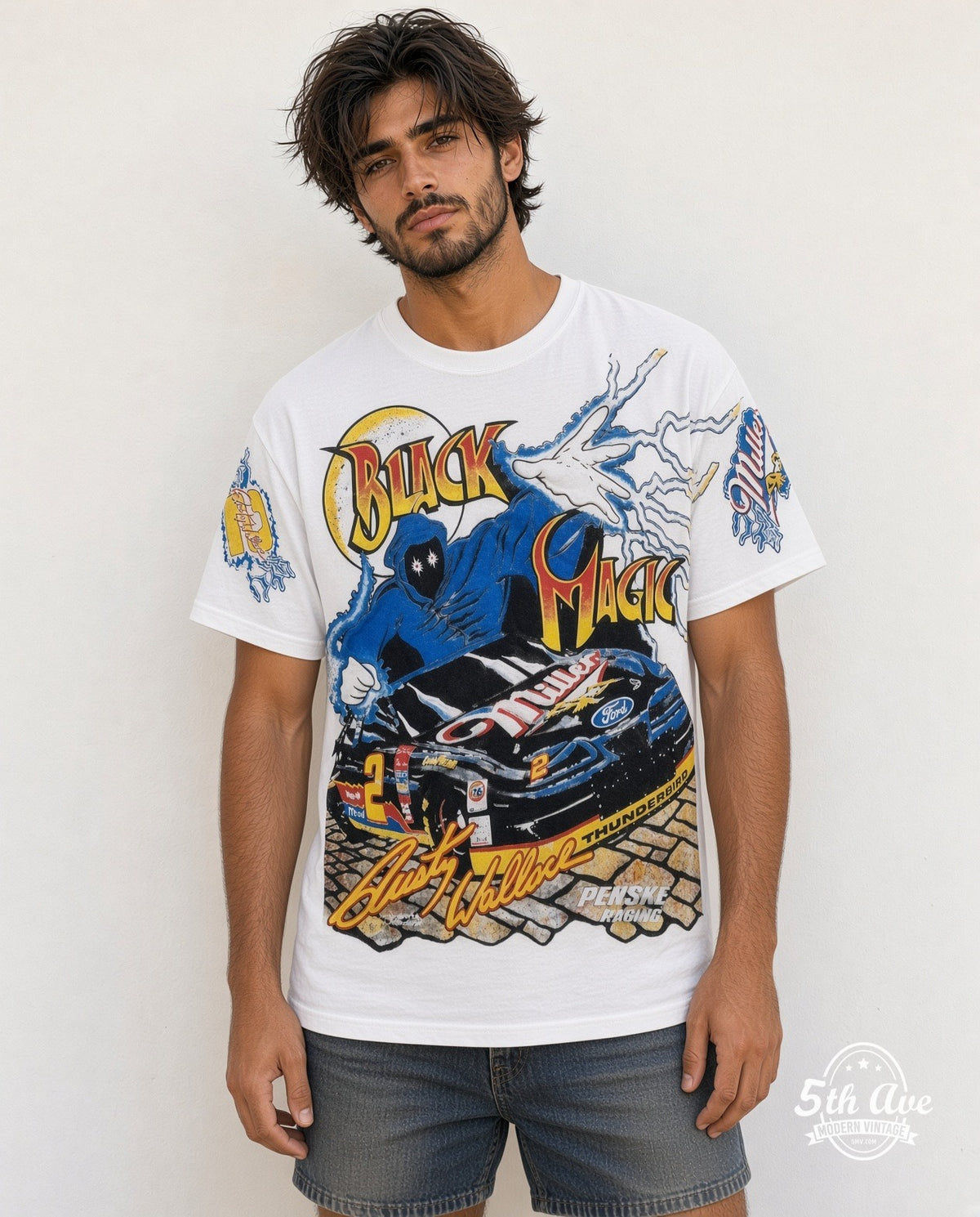 Model wearing the NASCAR Rusty Wallace #2 Black Magic Miller all-over-print NASCAR t-shirt in white
