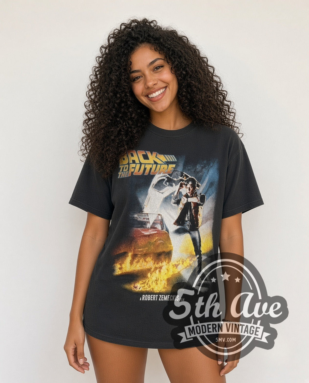 Model wearing the Back to the Future OUTATIME vintage movie t-shirt