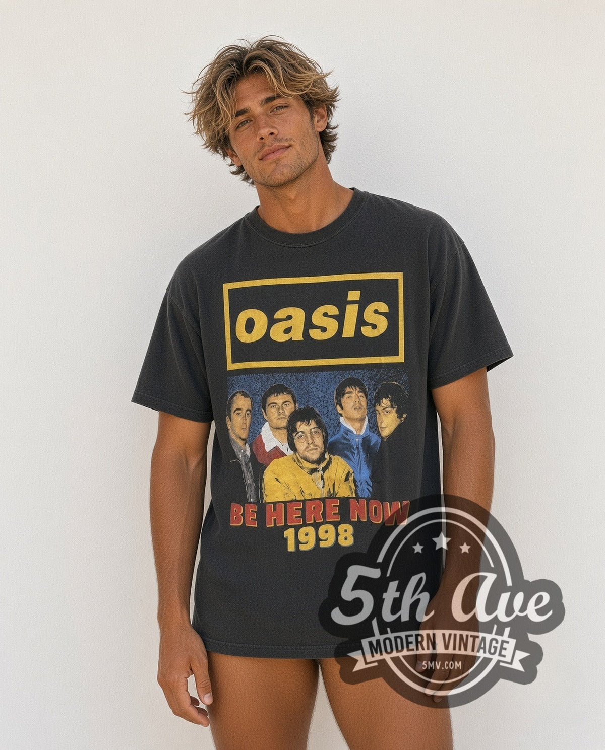 Model wearing the Oasis Be Here Now Tour 1998 vintage band t-shirt