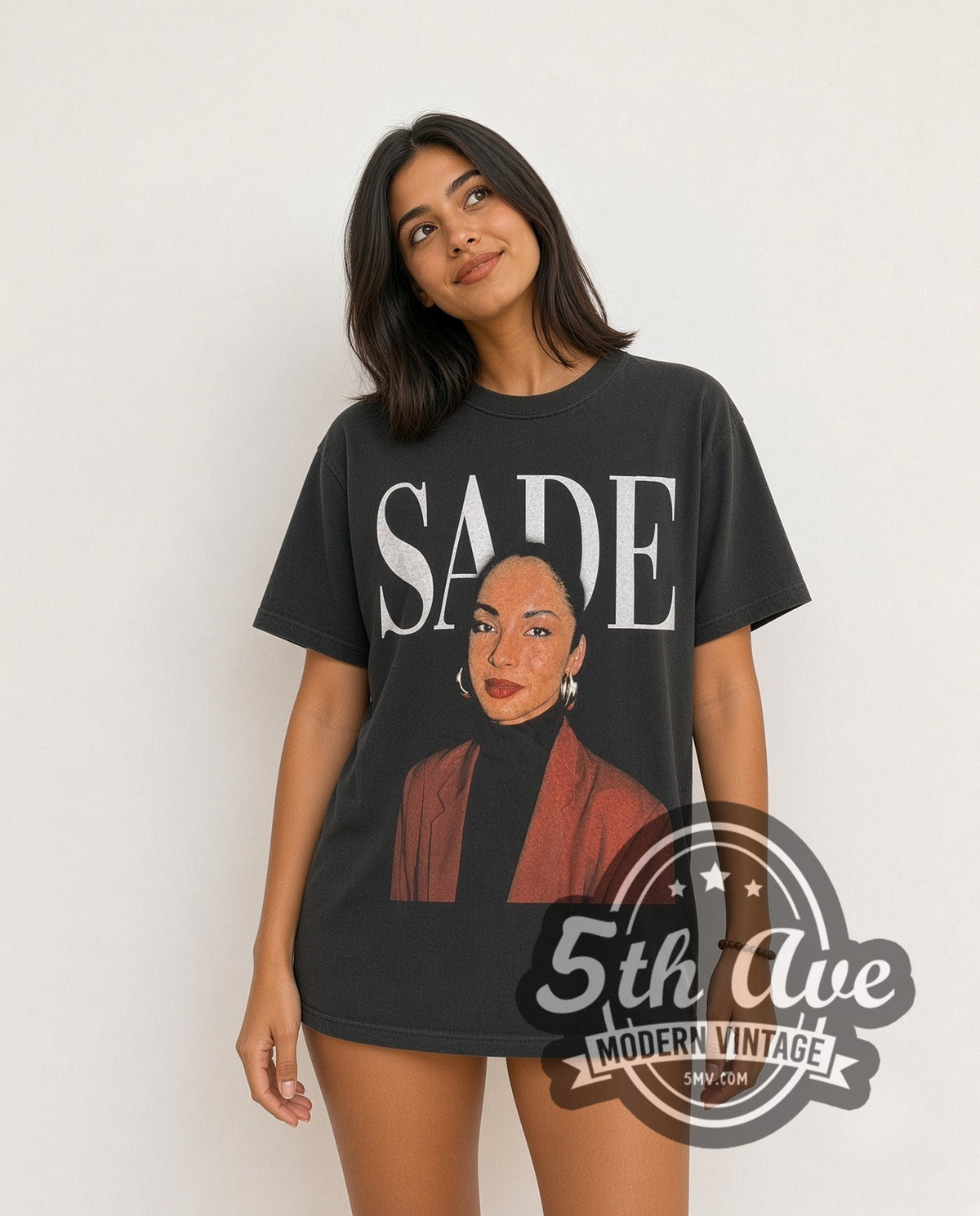 Model wearing the Sade Love Deluxe World Tour 1993 Turtleneck Portrait vintage band t-shirt