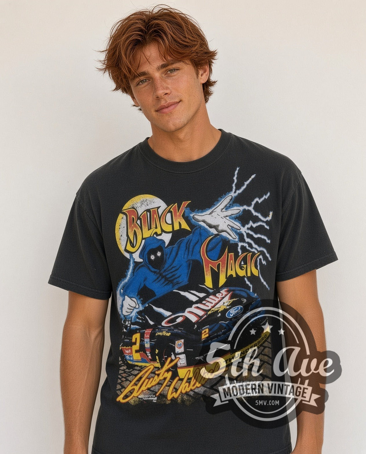 Model wearing the NASCAR Rusty Wallace #2 Black Magic Miller all-over-print vintage NASCAR t-shirt in black
