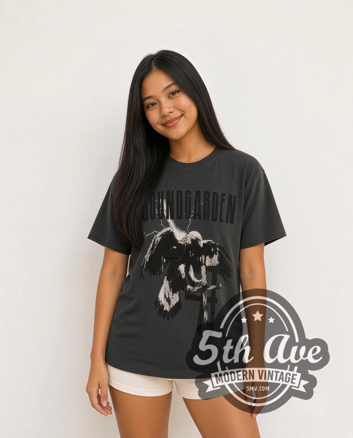 Model wearing the Soundgarden Half Alive Raven Cross vintage band t-shirt