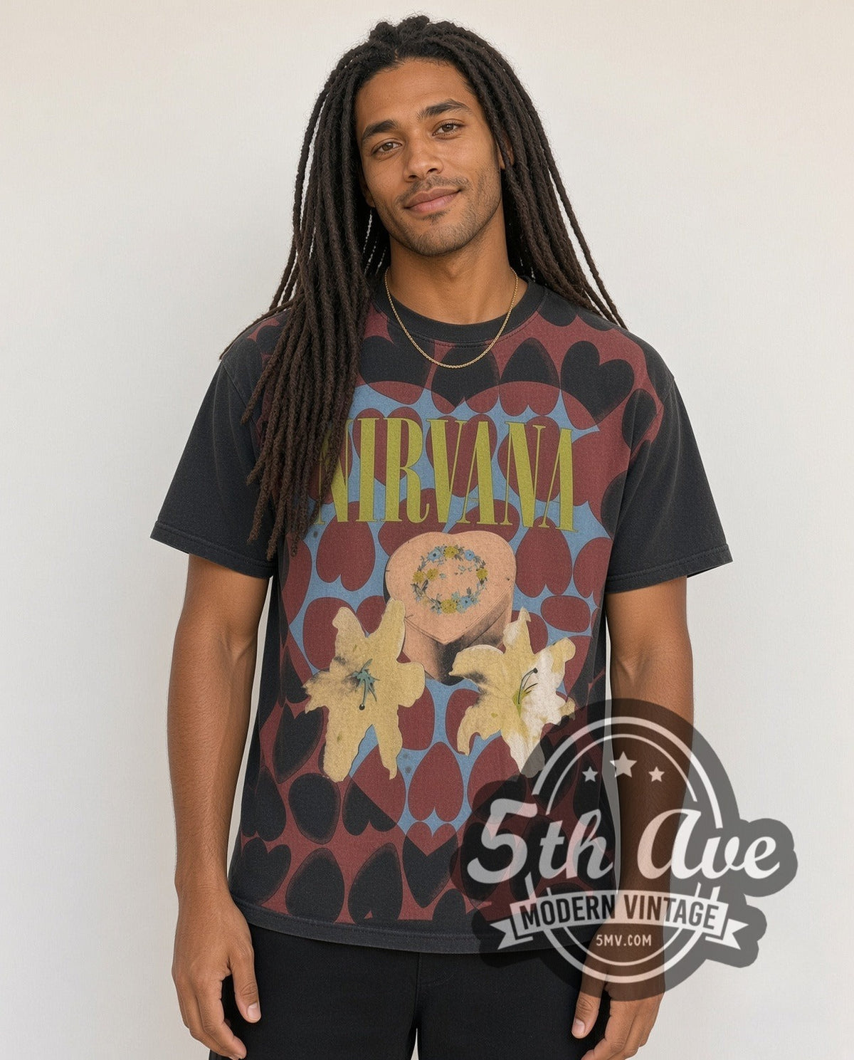 Model wearing the Nirvana Heart-Shaped Box / In Utero Hearts vintage band t-shirt