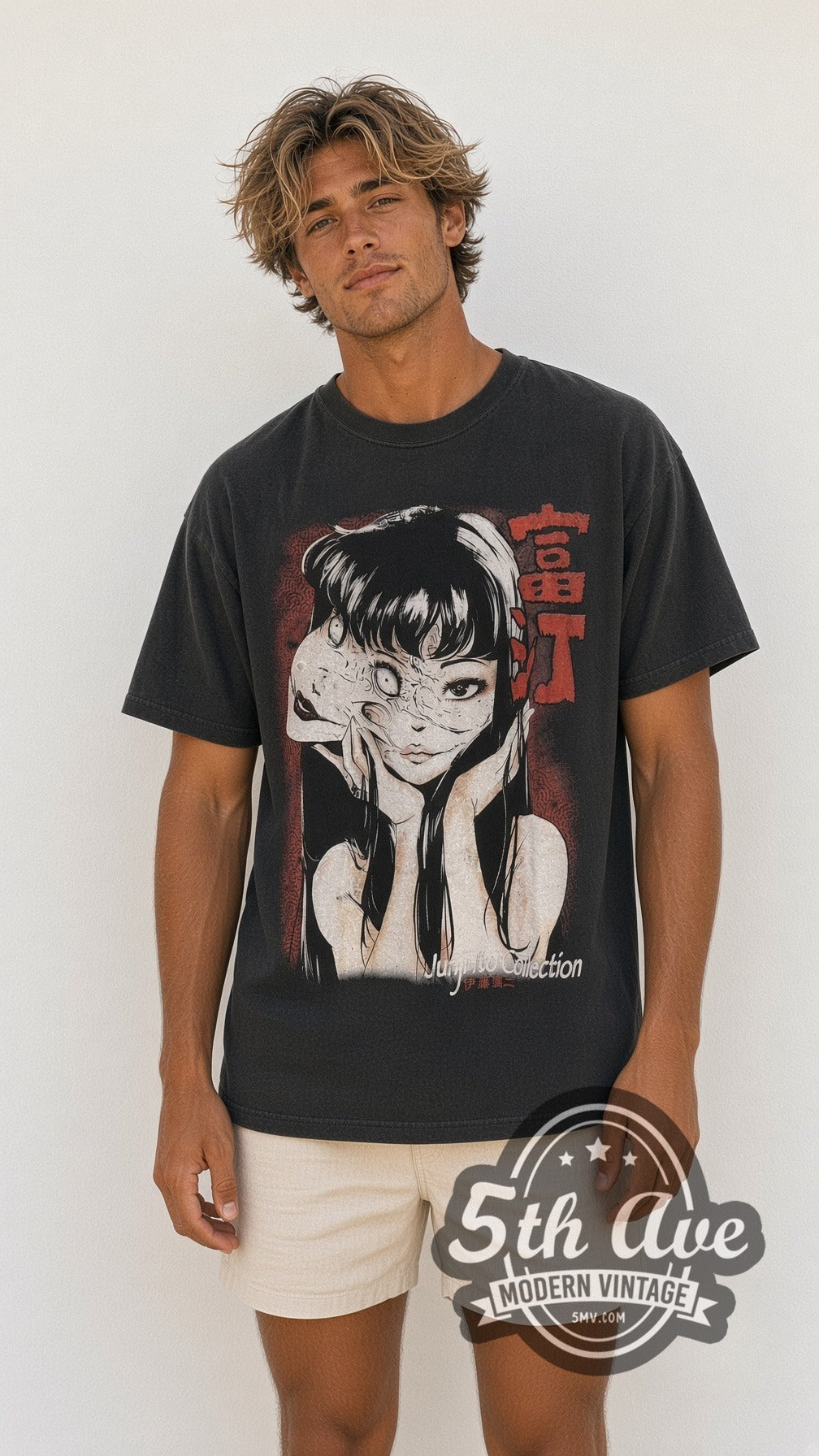 Model wearing the Junji Ito Tomie Collection vintage anime tee