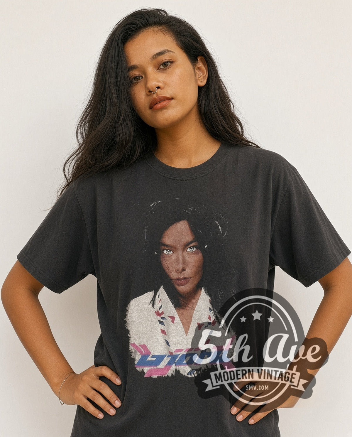 Model wearing the Björk Post / Hyperballad vintage band t-shirt