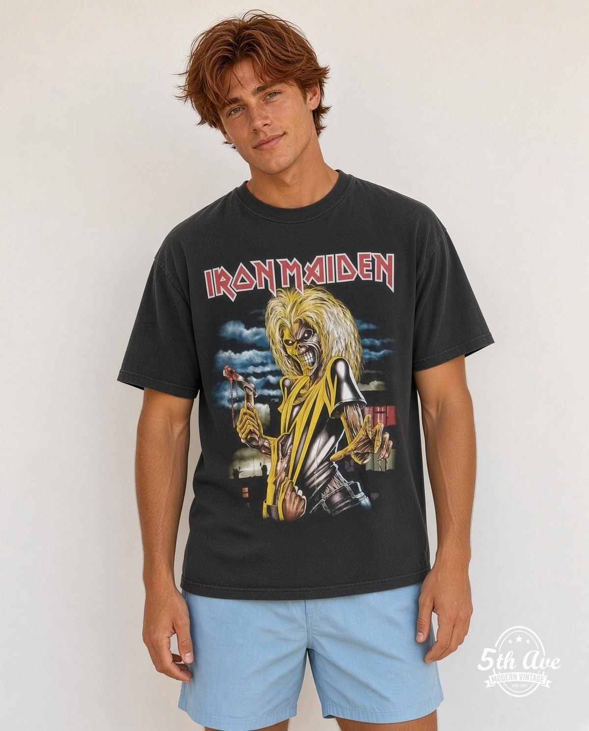 Model wearing the Iron Maiden Killers vintage band t-shirt
