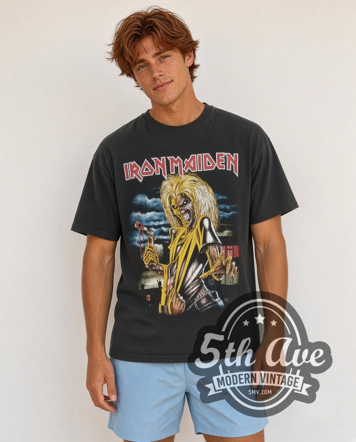 Model wearing the Iron Maiden Killers vintage band t-shirt