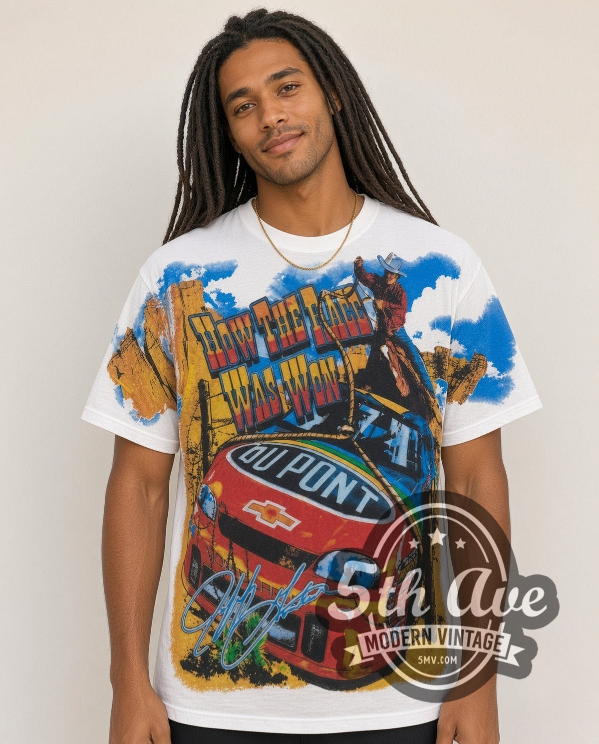 Model wearing the NASCAR Jeff Gordon #24 How The West Was Won all-over-print vintage NASCAR t-shirt in white