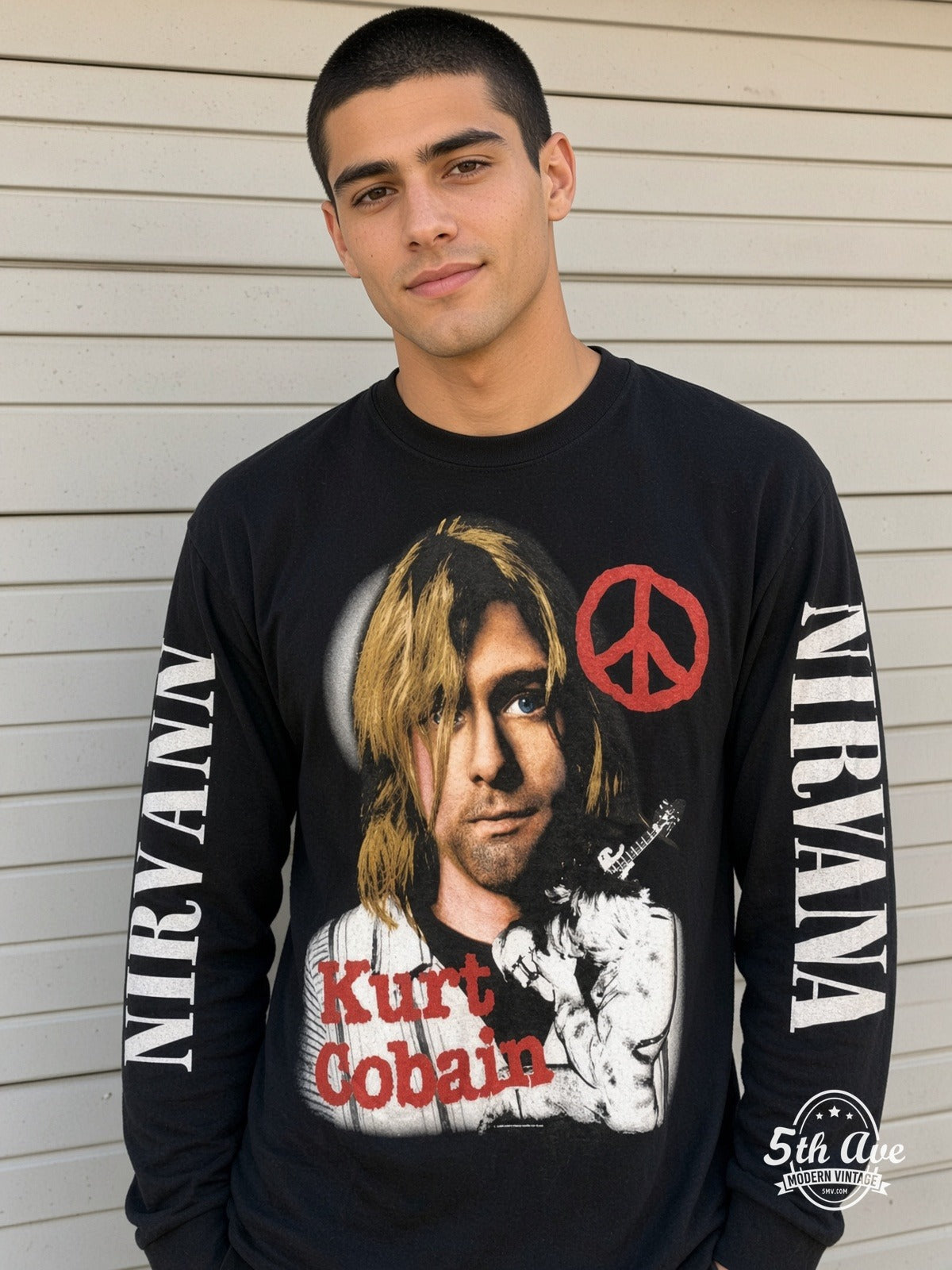 ETS LS 23 Nirvana Kurt Cobain Peace Sign long sleeve vintage tee worn by a model