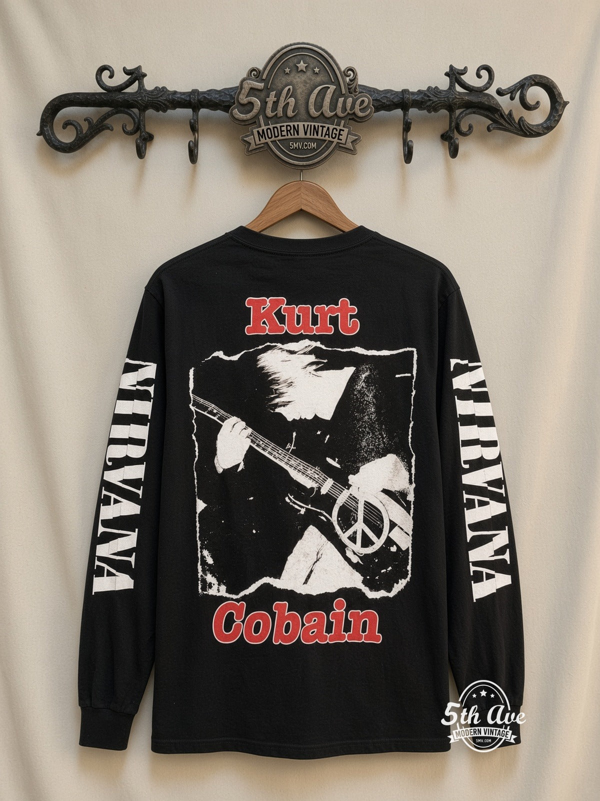 ETS LS 23 Nirvana Kurt Cobain Peace Sign long sleeve vintage tee on rack, back