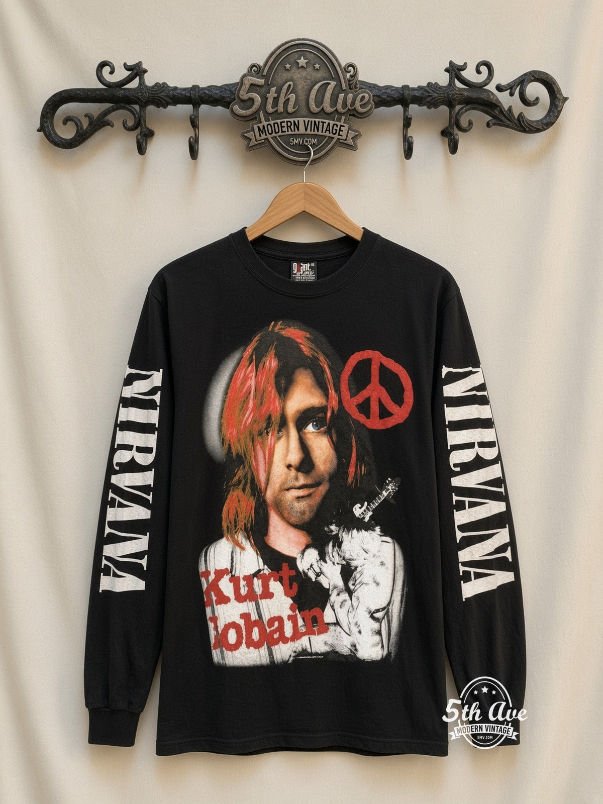 ETS LS 23 Nirvana Kurt Cobain Peace Sign long sleeve vintage tee on rack, front