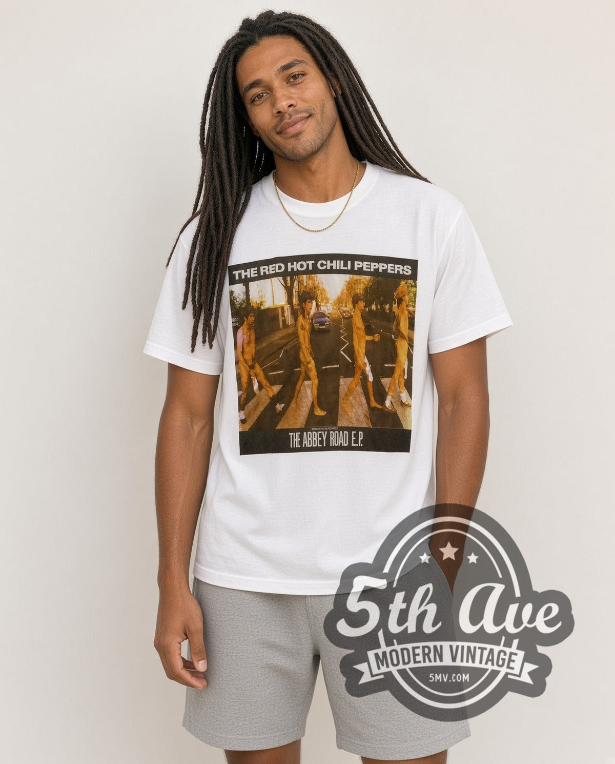 Model wearing the Red Hot Chili Peppers The Abbey Road E.P. vintage band t-shirt
