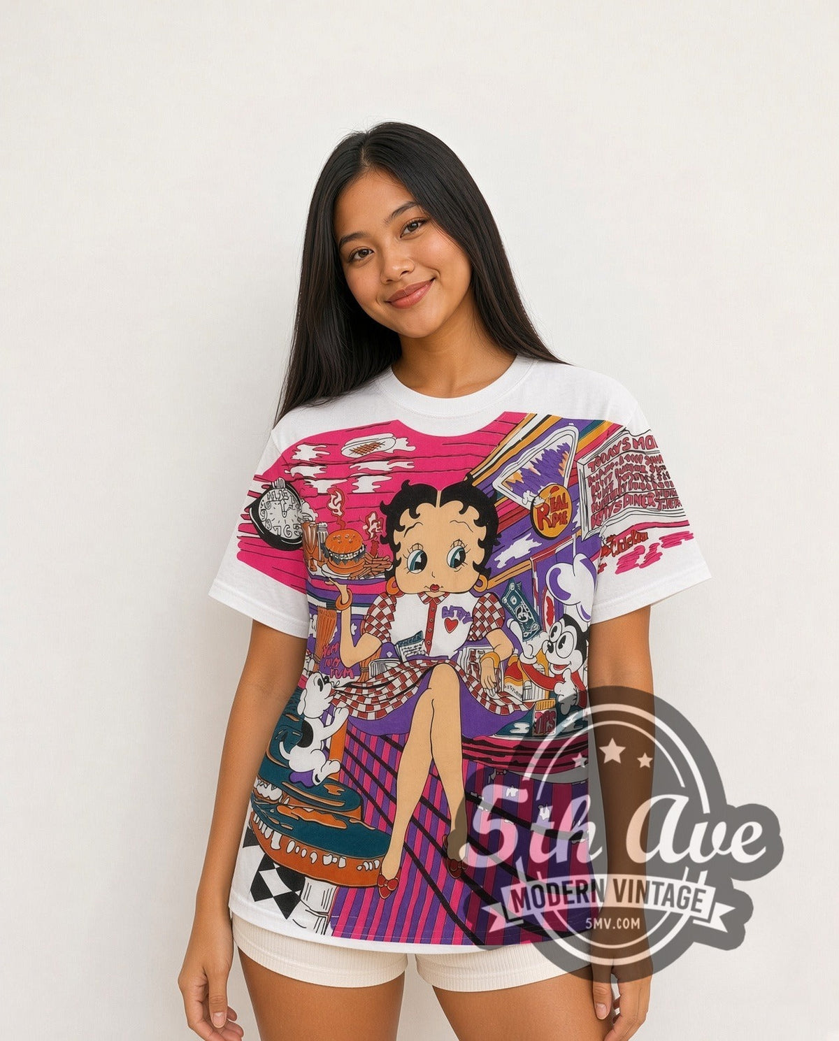 Model wearing the Betty Boop Checkered Dress Abstract all-over-print vintage cartoon t-shirt in white