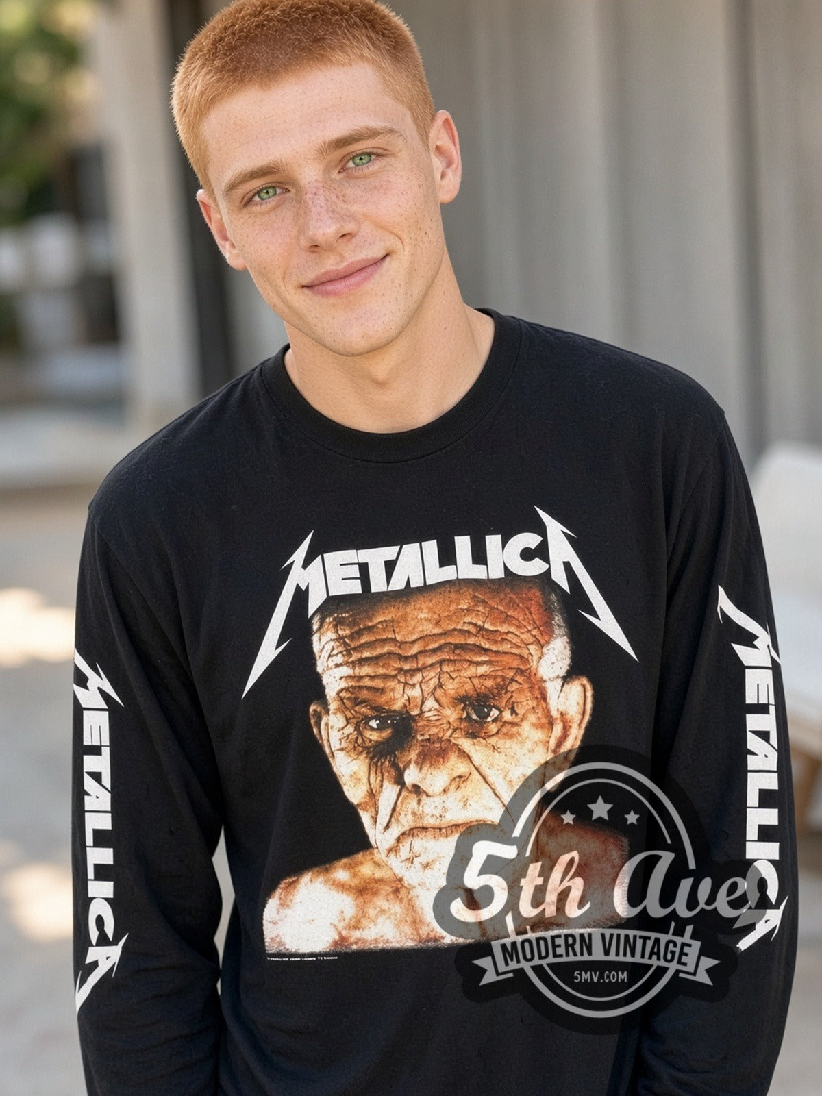 Model wearing the Metallica Old Man Face vintage band long sleeve t-shirt
