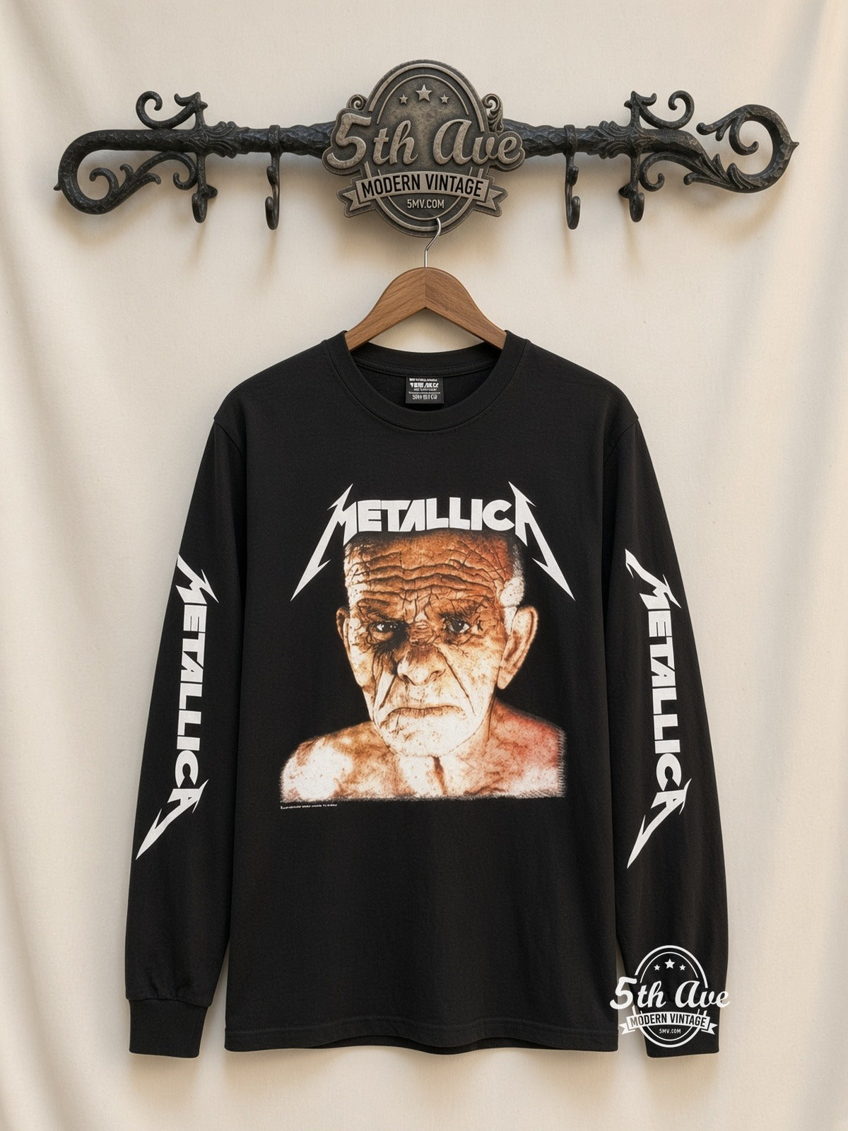 ETS LS 24 Metallica Old Man Face long sleeve vintage tee on rack, front