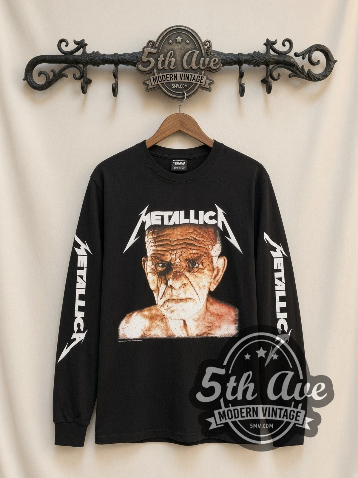 Metallica Old Man Face vintage band long sleeve t-shirt, front view on the 5MV rack