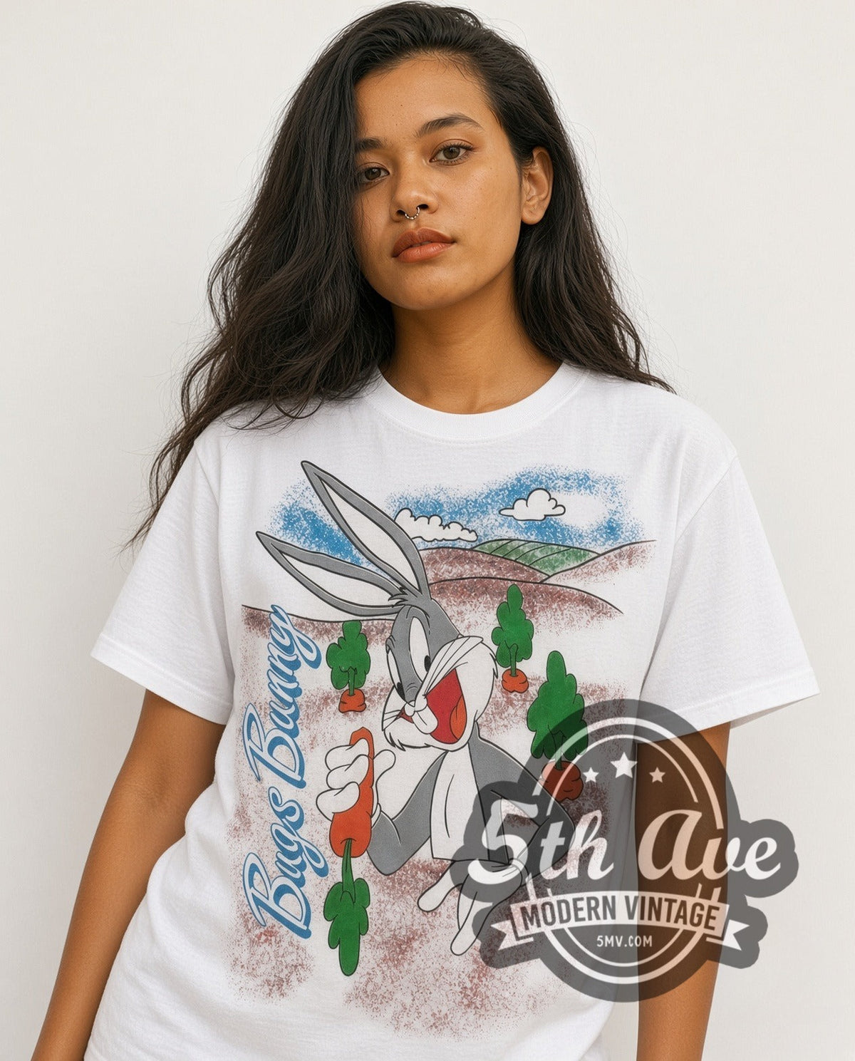 Model wearing the Looney Tunes Bugs Bunny Carrots all-over-print vintage cartoon t-shirt in white