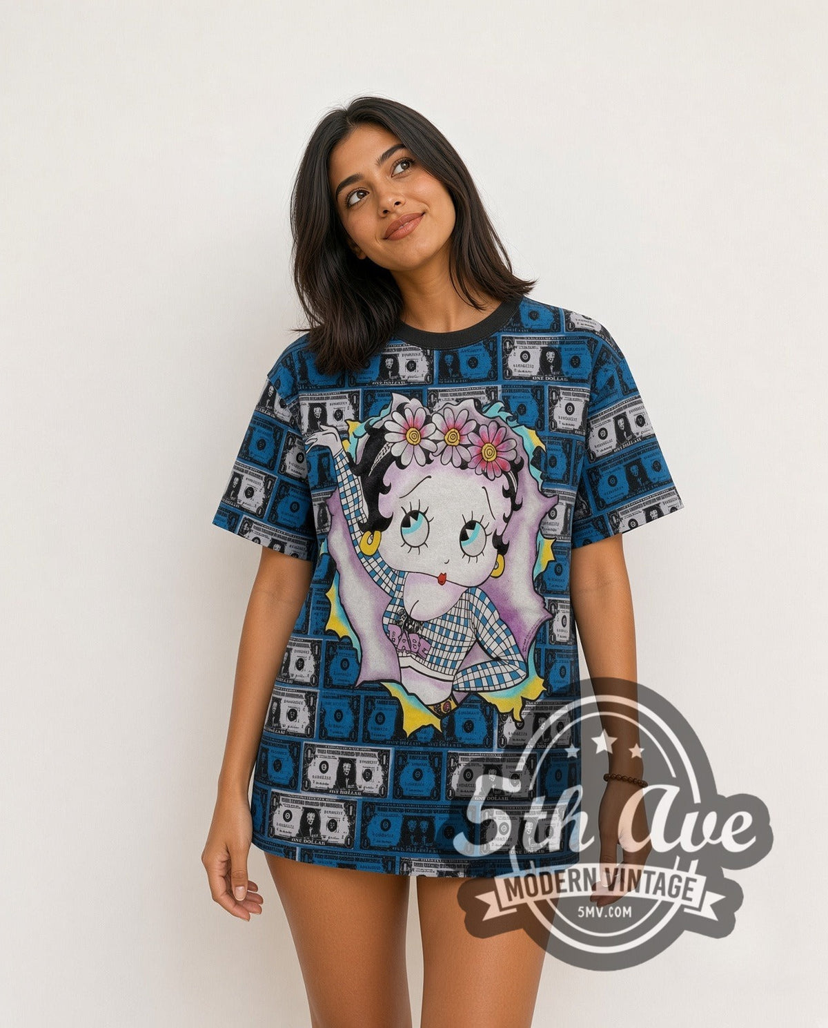 Model wearing the Betty Boop Hundred Dollar Bills all-over-print vintage cartoon t-shirt in black