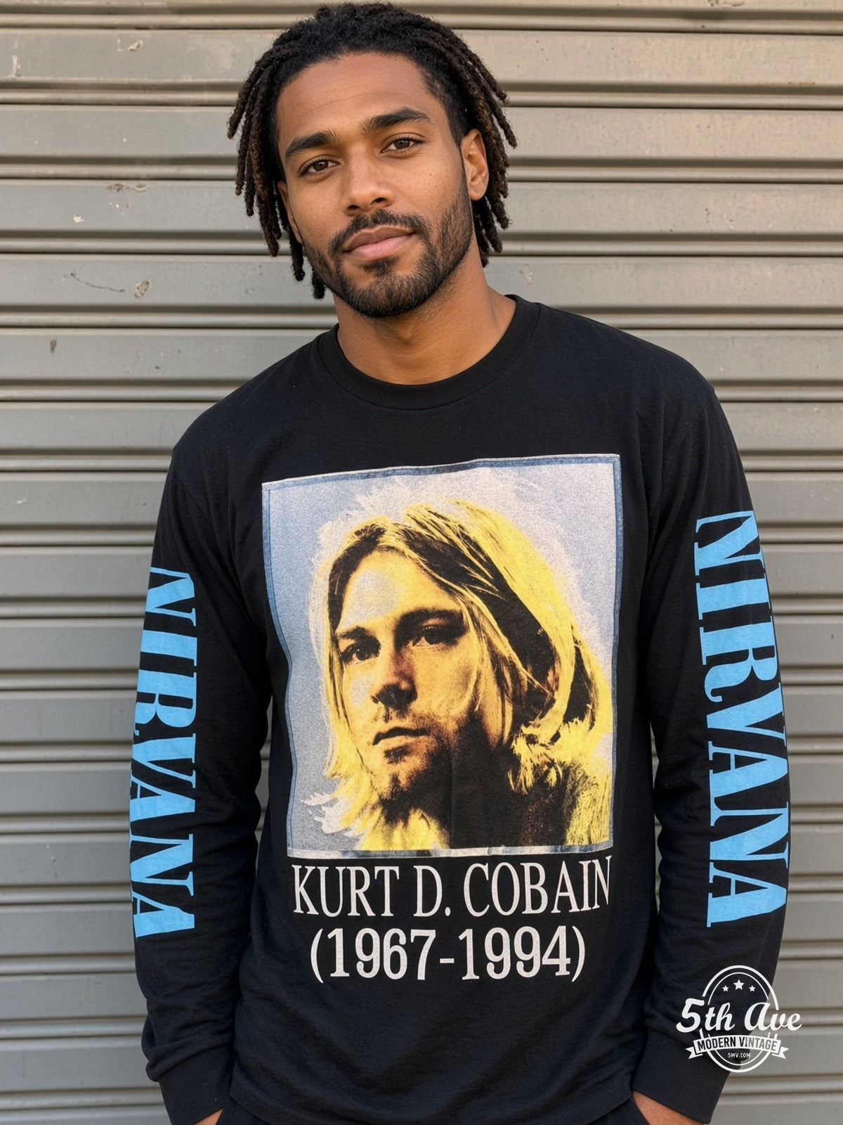 Model wearing the Nirvana Kurt D. Cobain 1967-1994 Portrait vintage band long sleeve t-shirt