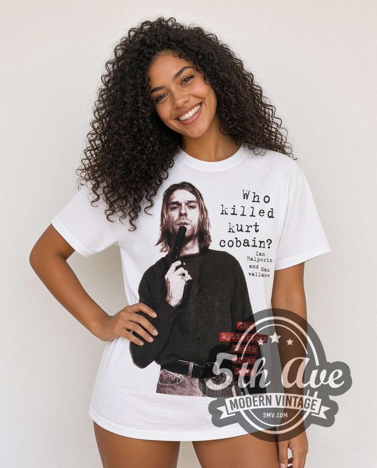 Model wearing the Nirvana Who Killed Kurt vintage band t-shirt in white