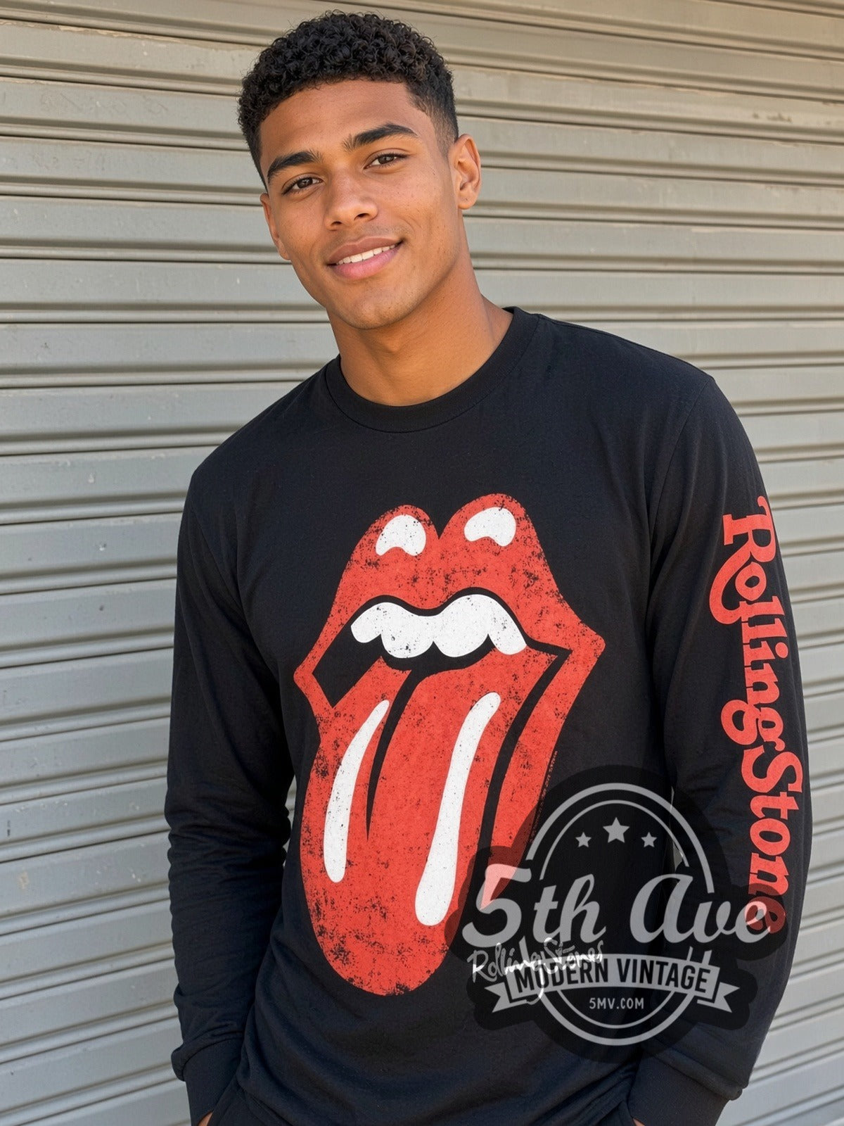 Model wearing The Rolling Stones Tongue Logo vintage band long sleeve t-shirt