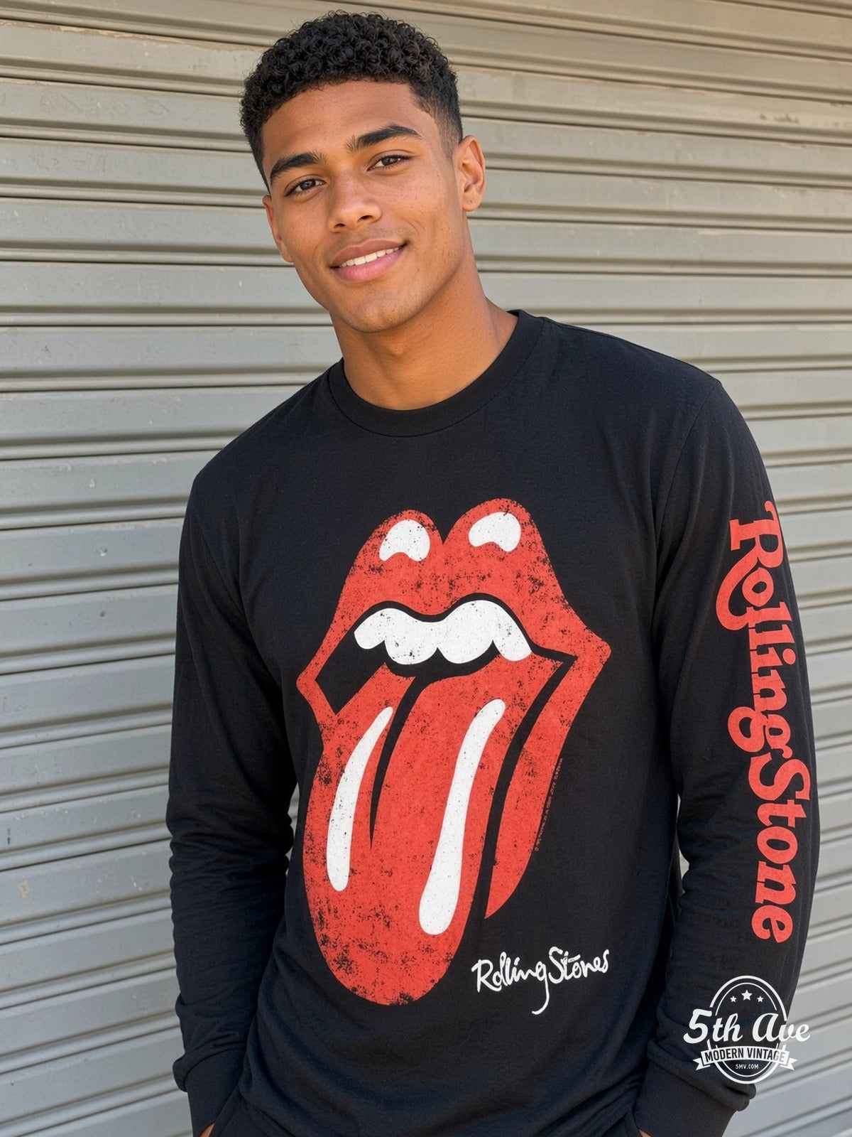 ETS LS 26 The Rolling Stones Tongue Logo long sleeve vintage tee worn by a model
